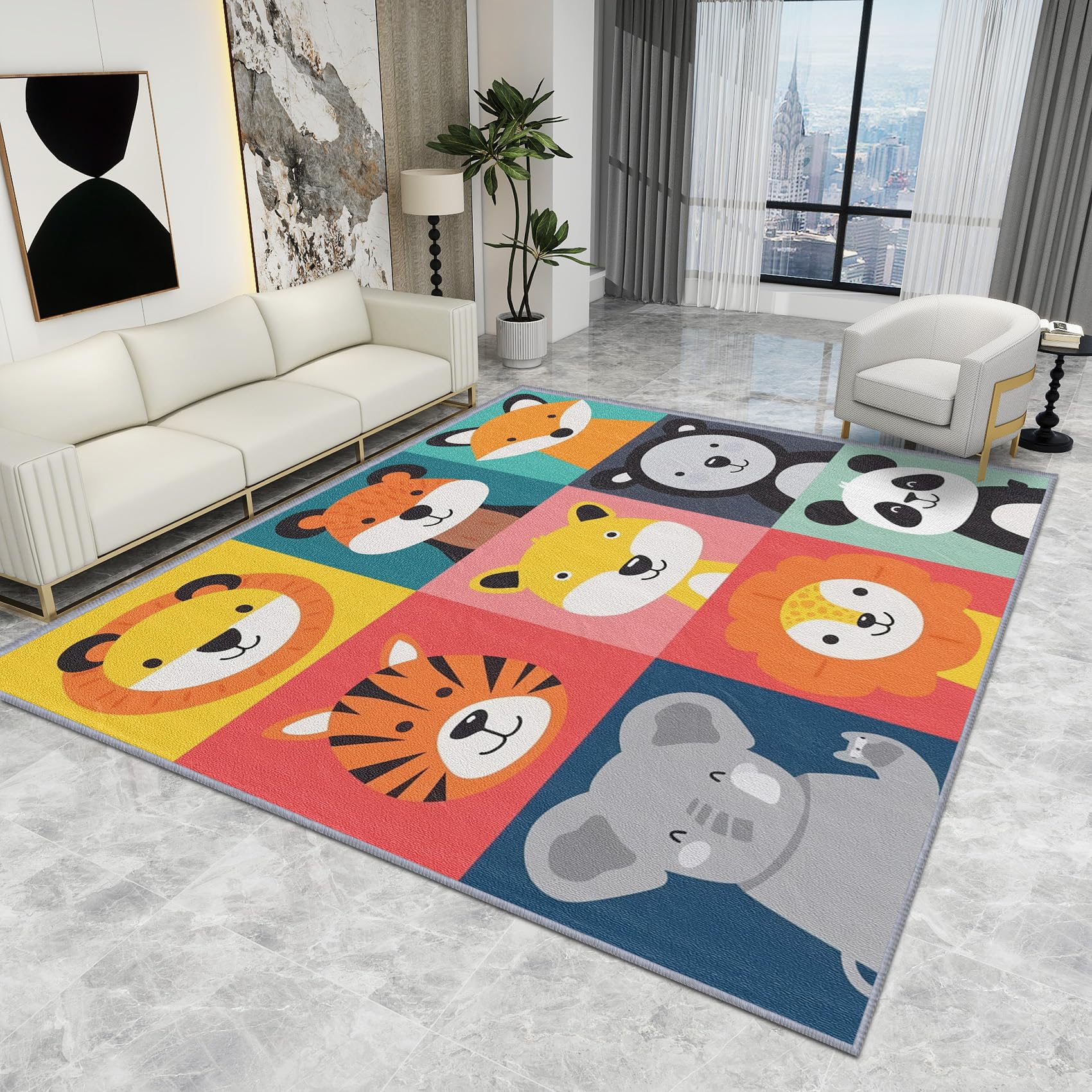 Safari Rug for Kids Bedroom - Cute Cartoon Zoo Animal Rug, Nursery Playroom Baby Carpet, Washable Non-Slip Low Pile Soft Large Area Rug, Safari Home Decor Gift, 80 X 150 cm