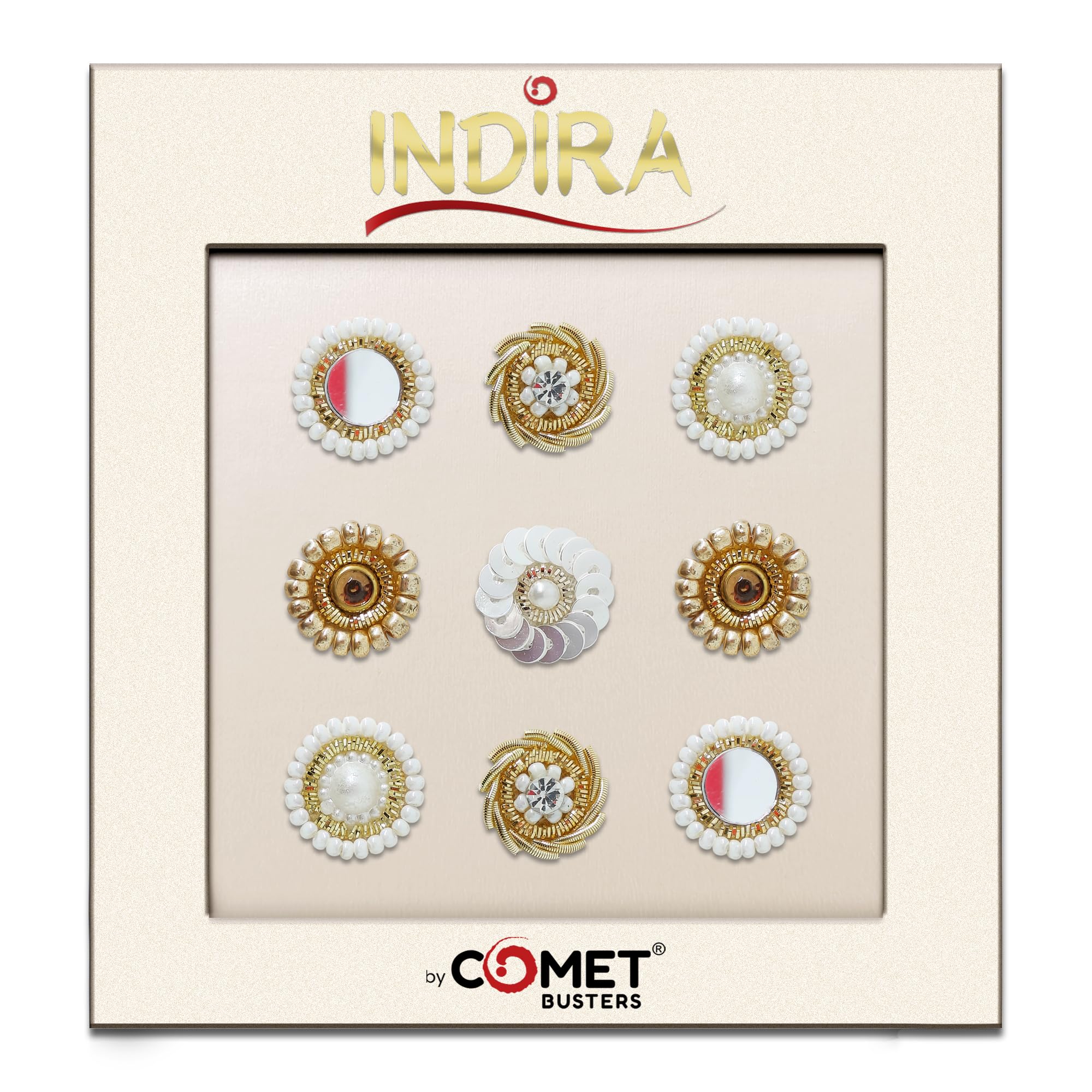 Indira by Comet Busters® Designer Premium Bindis – Bold Statement Bindis with Mirror, Pearl & Sequin Work – Mix Sizes – Pack of 9 (INDIRA005)-image-10