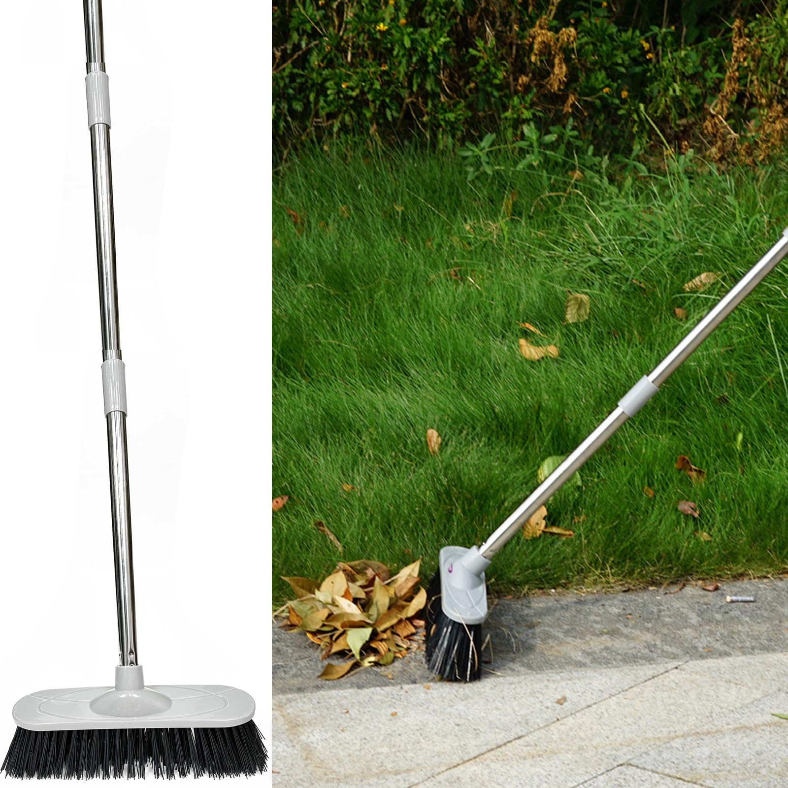 Gr8 Garden Stainless Steel Hard Bristle Sweeping Broom with Handle - 10 Inch Stiff Brush - Long 120cm Handle - Silver
