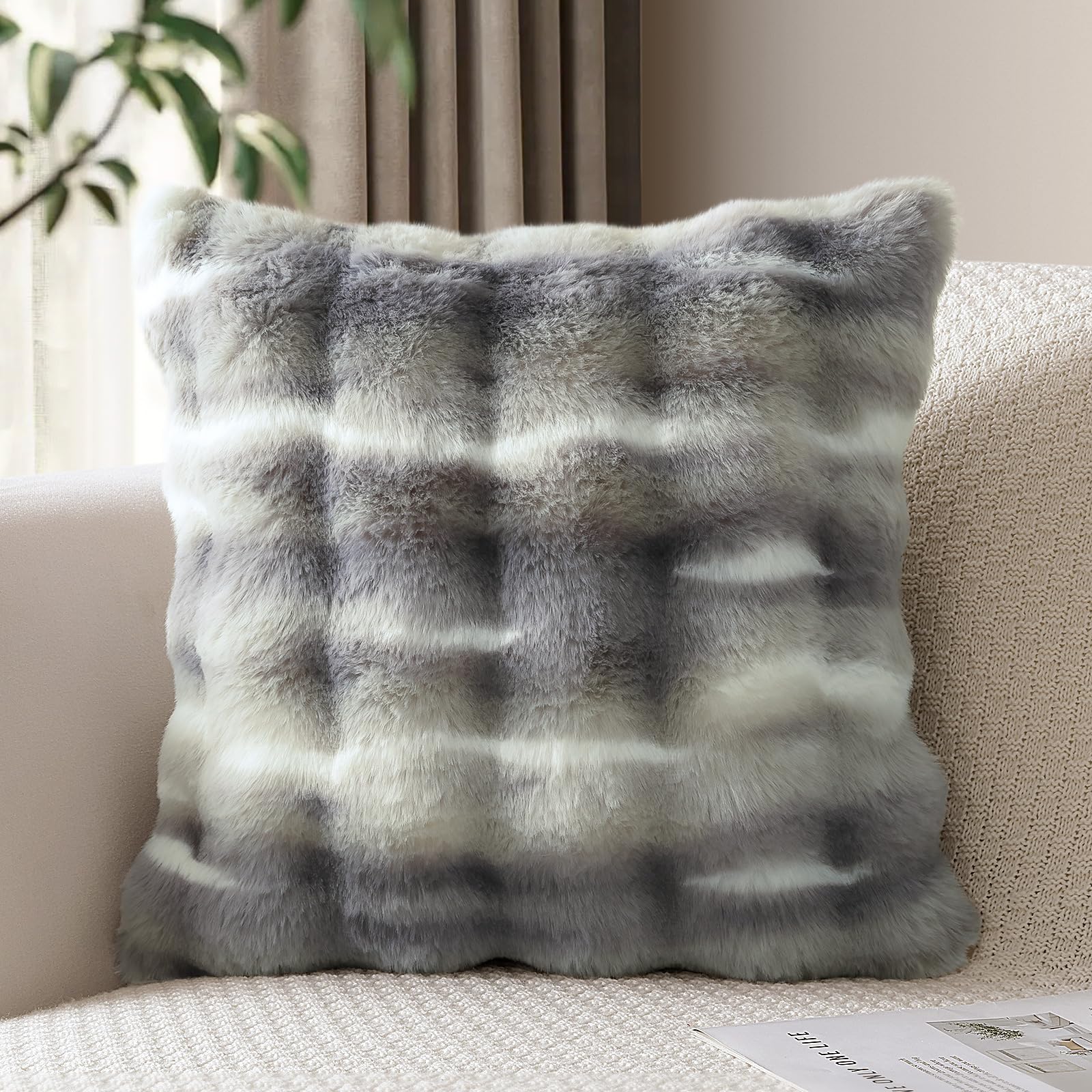 JOTOM Set of 1 Plush Cushion Cover 60x60 cm Soft Decorative Throw Pillow Cover Fluffy Faux Fur Pillowcase for Couch Sofa Bedroom Pillow 24x24 Inch (Grey White)