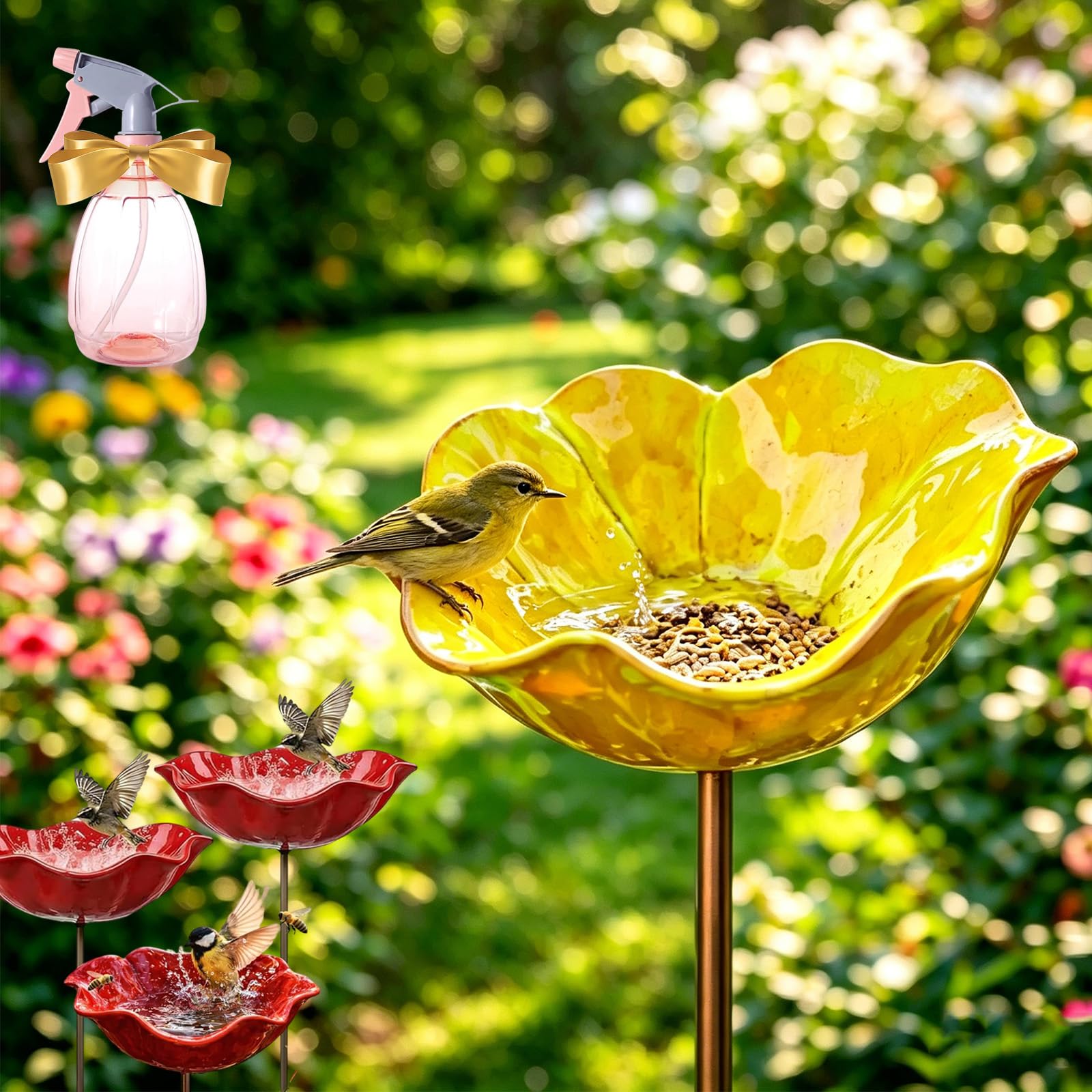 Snrtevu 2026 New Handmade Metal Flower Garden Stake, Metal Flowers For Garden, Metal Flower Garden Stake Bird Feeder, Flower Bird Bath Ground Plug Design For Yard, Lawn & Patio Decor (2, Yellow)