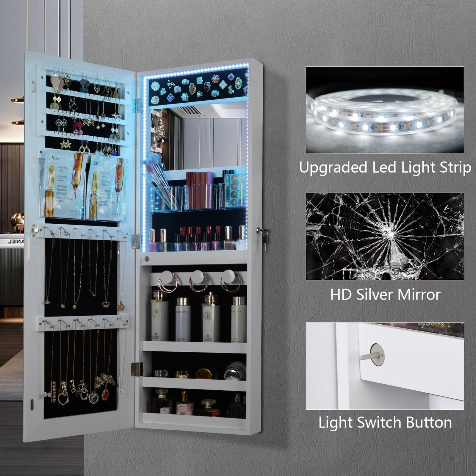 Espejo joyero LED de 108 cm (42,5"), para Pared o Puerta, con Espacio de Almacenamiento para Sala de Estar y Dormitorio (Blanco)