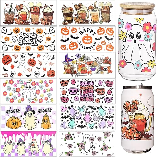 Envoltura de taza DTF UV para Halloween, 12 hojas de calcomanías de transferencia impresas de calabaza de Halloween para UV DTF, calcomanías de
