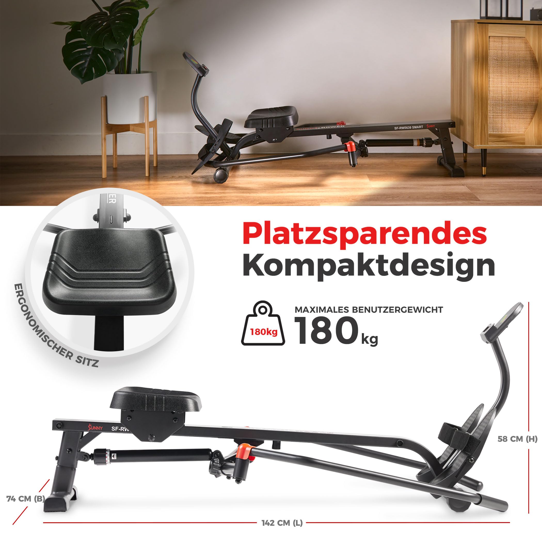 Sunny Health & Fitness Smart Kompaktes Rudergerät mit Vollbewegung, Einstellbarem Widerstand, Gelenkschonendem Ganzkörper-Workout, Langem Gleitrail, Max Benutzergewicht 180 kg, Kostenlose SunnyFit-App