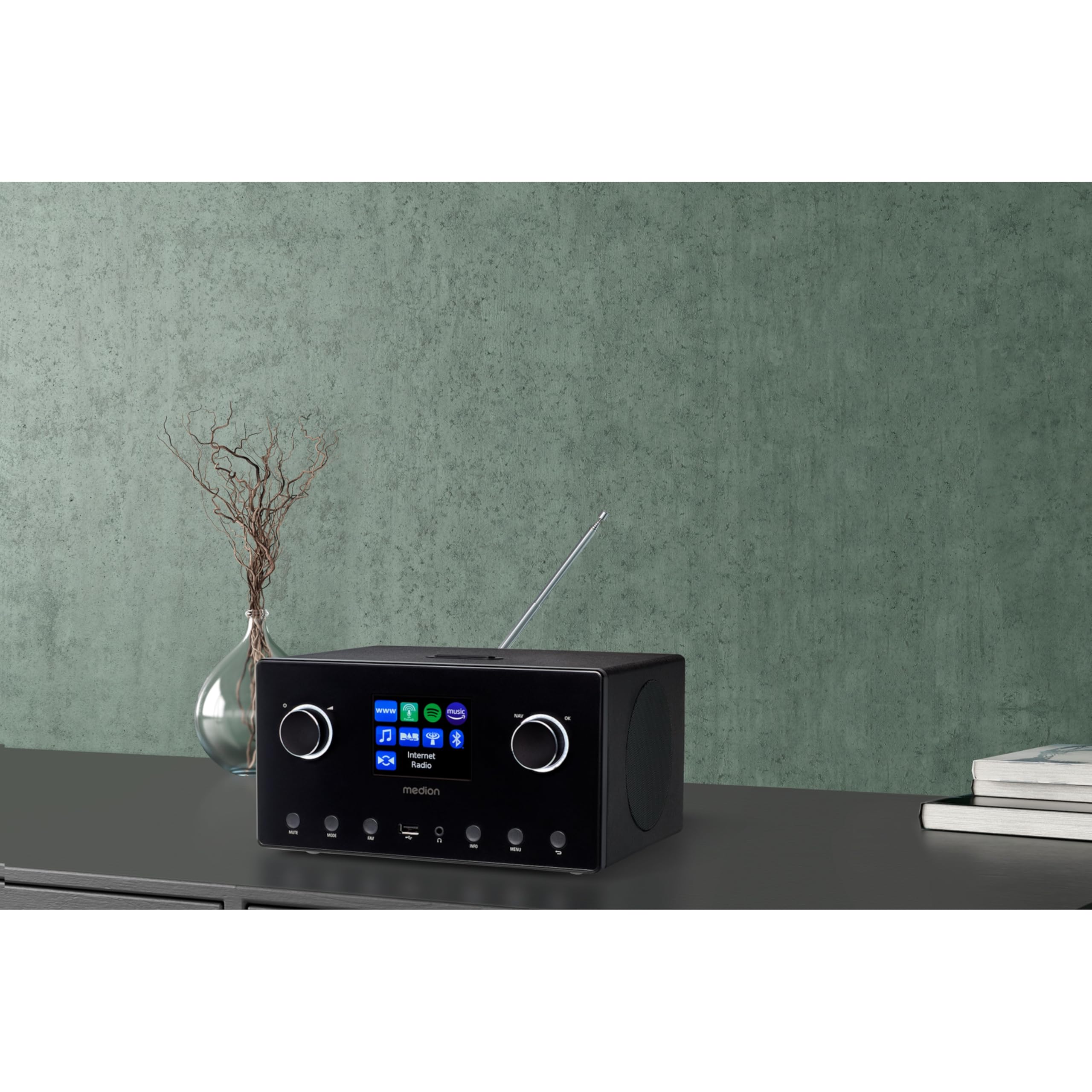 MEDION P85444 2.1 Internetradio mit Subwoofer (DAB+, UKW Radio, Spotify Connect, WLAN, Bluetooth, Streaming, Equalizer, Farbdisplay, USB, AUX, Wecker, Schlummerfunktion, Sleep Timer) schwarz