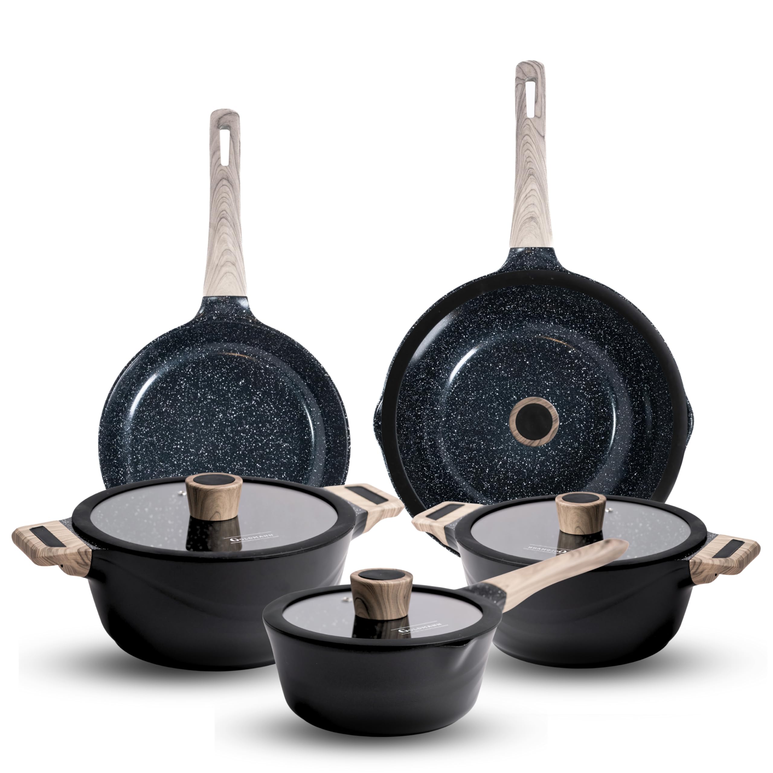 GOLDMANN 9-teiliges Premium Topfset – Gussaluminium mit Keramik Antihaft-Beschichtung – Spülmaschinenfest, fettfrei koch