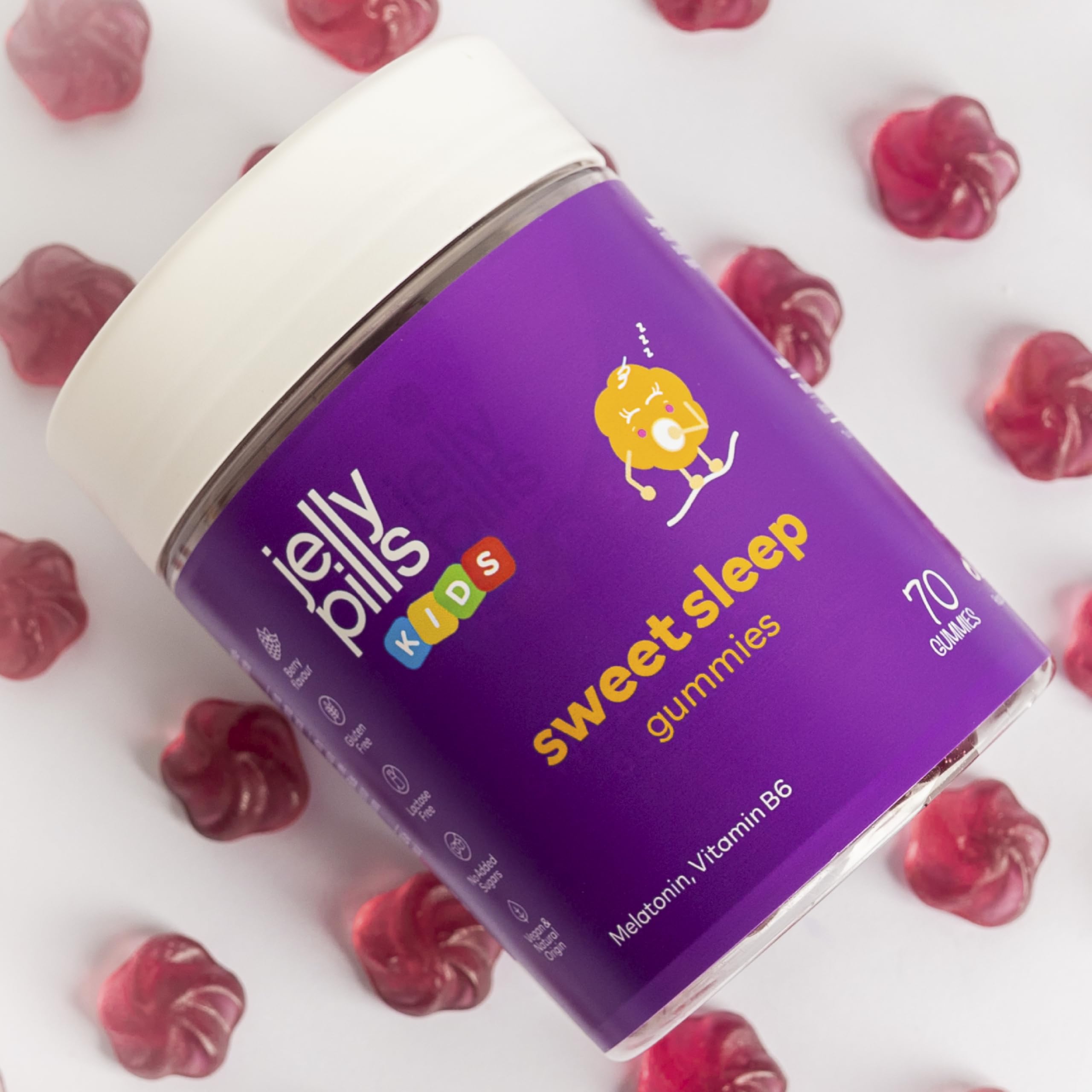 Jelly Pills Gummies Melatonina Bambini 0,5 mg + Vitamina B6-70 Gummies Vegane per 2 mesi - Senza Zuccheri Aggiunti - Gusto Frutti di Bosco Naturale
