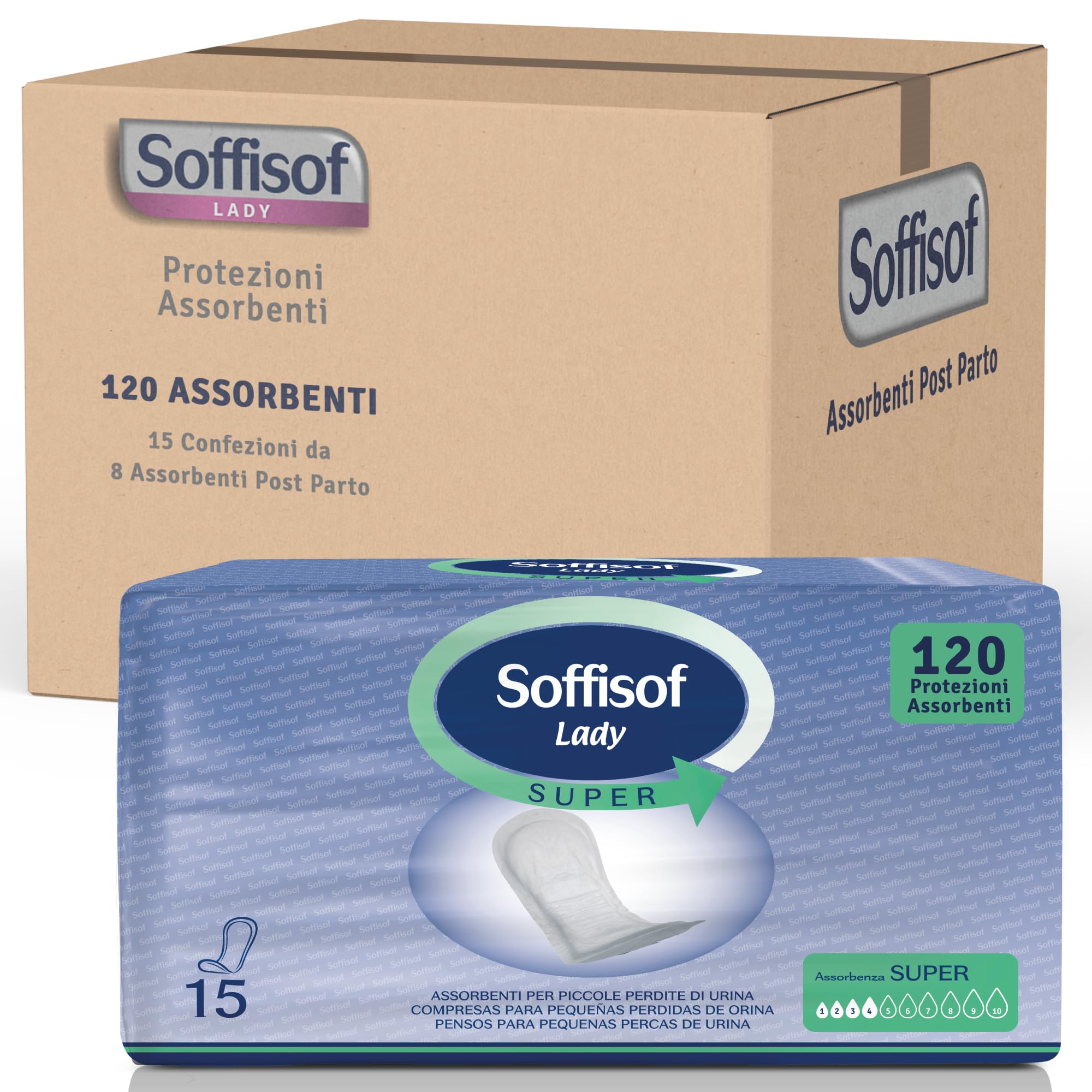 Soffisof Classic Lady Super - 120x Compresas Incontinencia Mujer - 8 Paquetes de 15 Protectores Postparto Incontinencia Mujer - Absorción hasta 4 Gotas