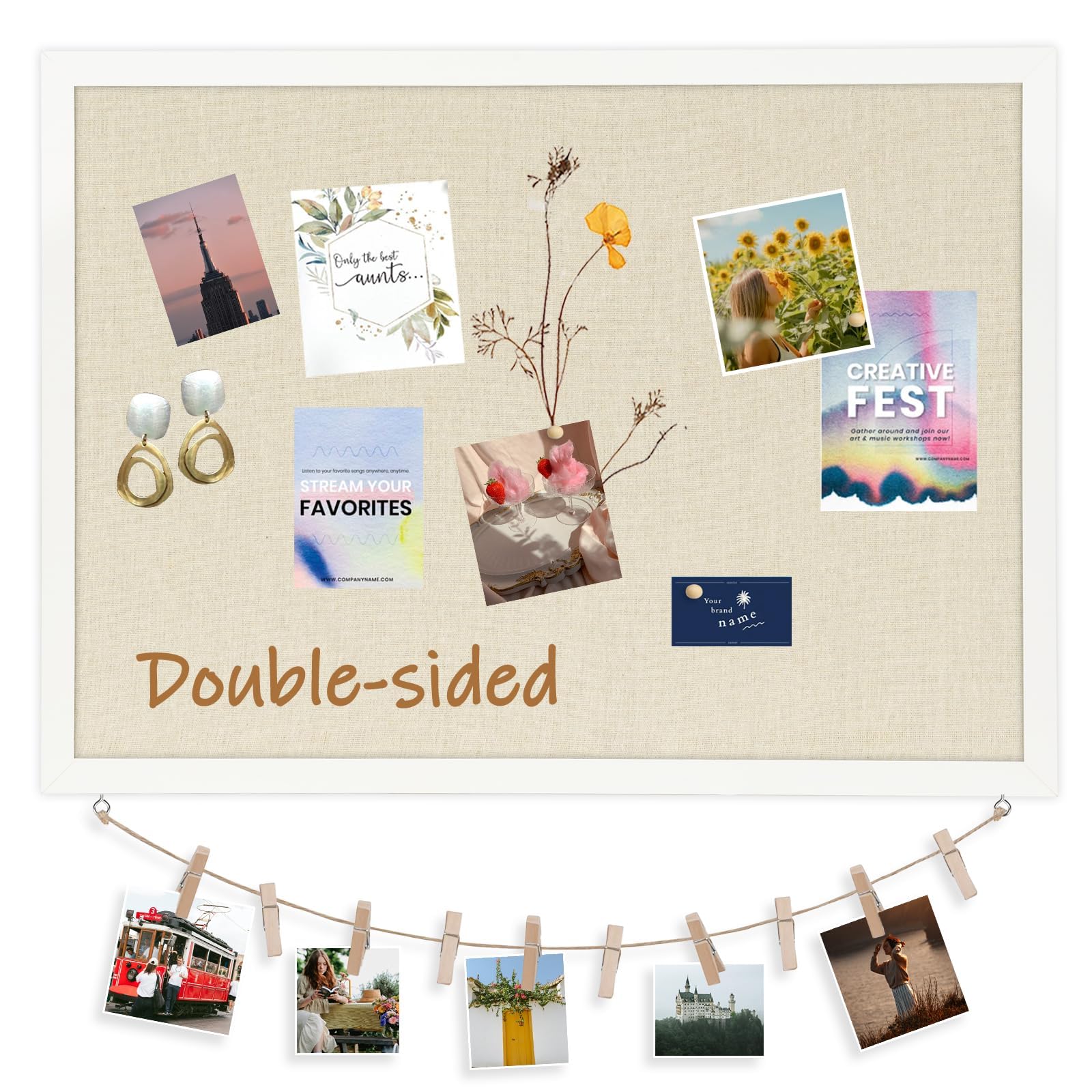 DOLLAR BOSS Pin Board Cork Board with Linen Double-Sided 1 Pack 45 X 60CM, Large Cork Boards for Walls Wood Framed Display Hanging Pin Board, Vision Board for Home Kitchen Office 20 Pushpins