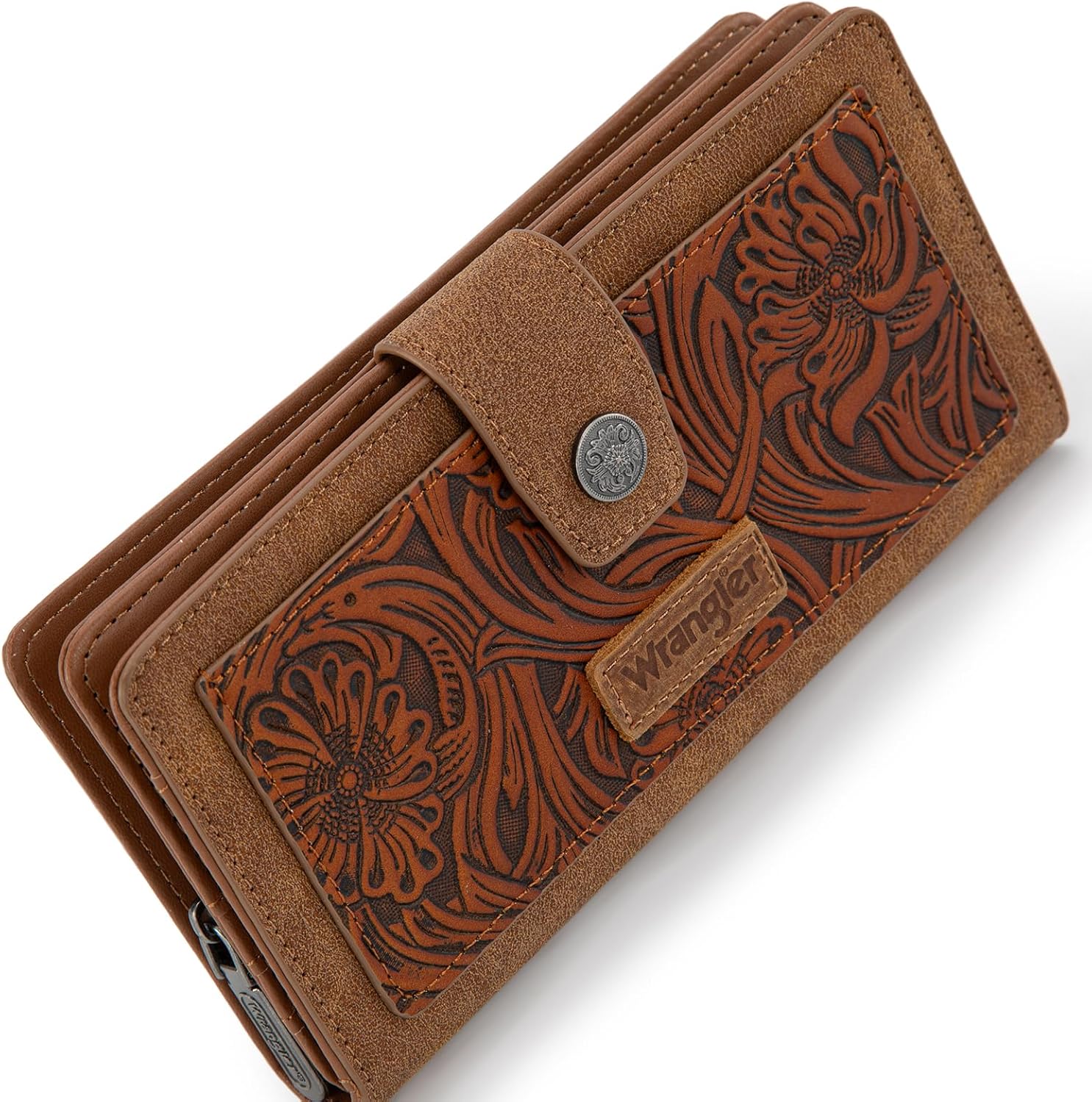 Montana West X Wrangler Brown Wallet for Women Tooling Flower Wallets, Card Cases & Money Organizers Large Capacity Bifold Clutch Wallet Ladies Female Western Phone Cash Wallets with ID Window - Image 5