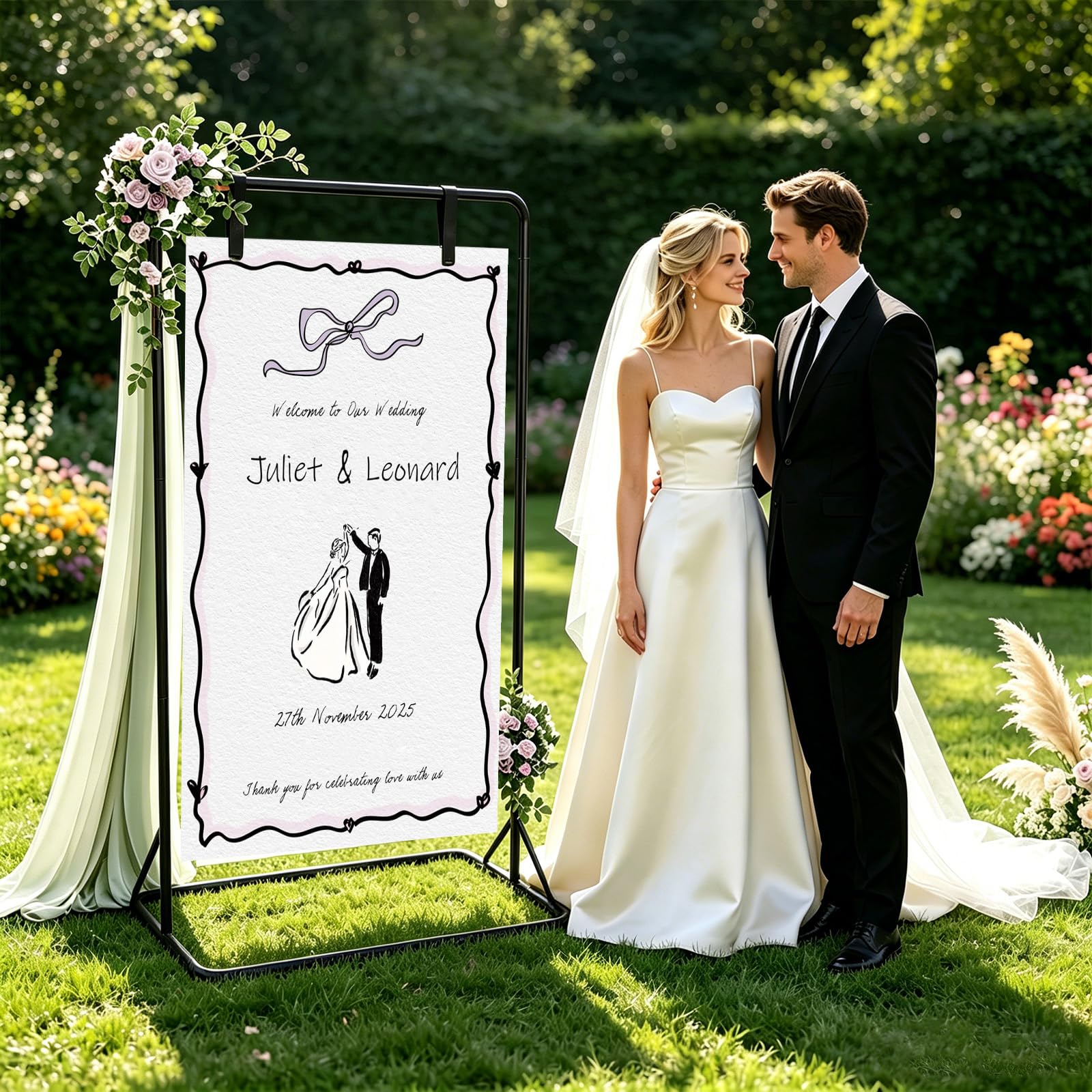 Hochzeits-Willkommensschild-Halter 173x80x50cm mit 4 Lederriemen, Hochzeitsschild-Ständer für Schilder, Poster, Sitzplan, Schwarz