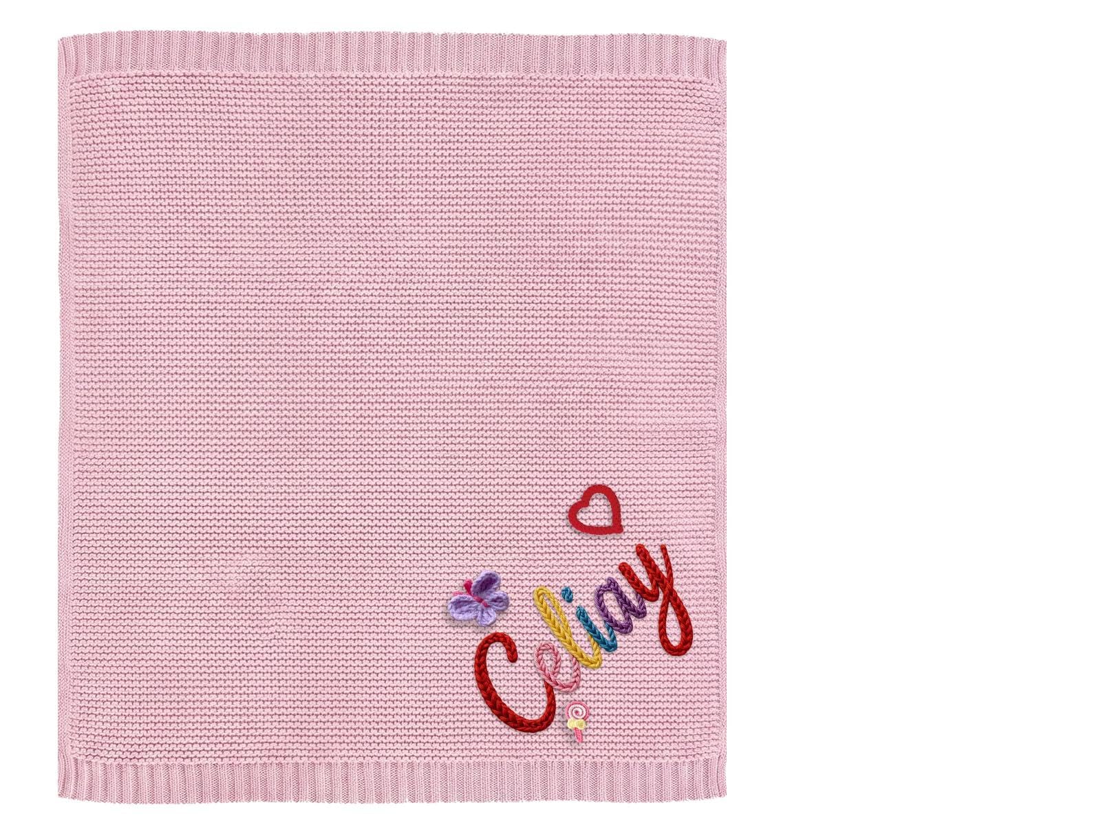 CGFN Personalised Baby Blanket with Name for Newborn Boys & Girls, Pure Knitted Cotton, Unique Christening, Soft Keepsake Blanket 100x80cm (Pink)