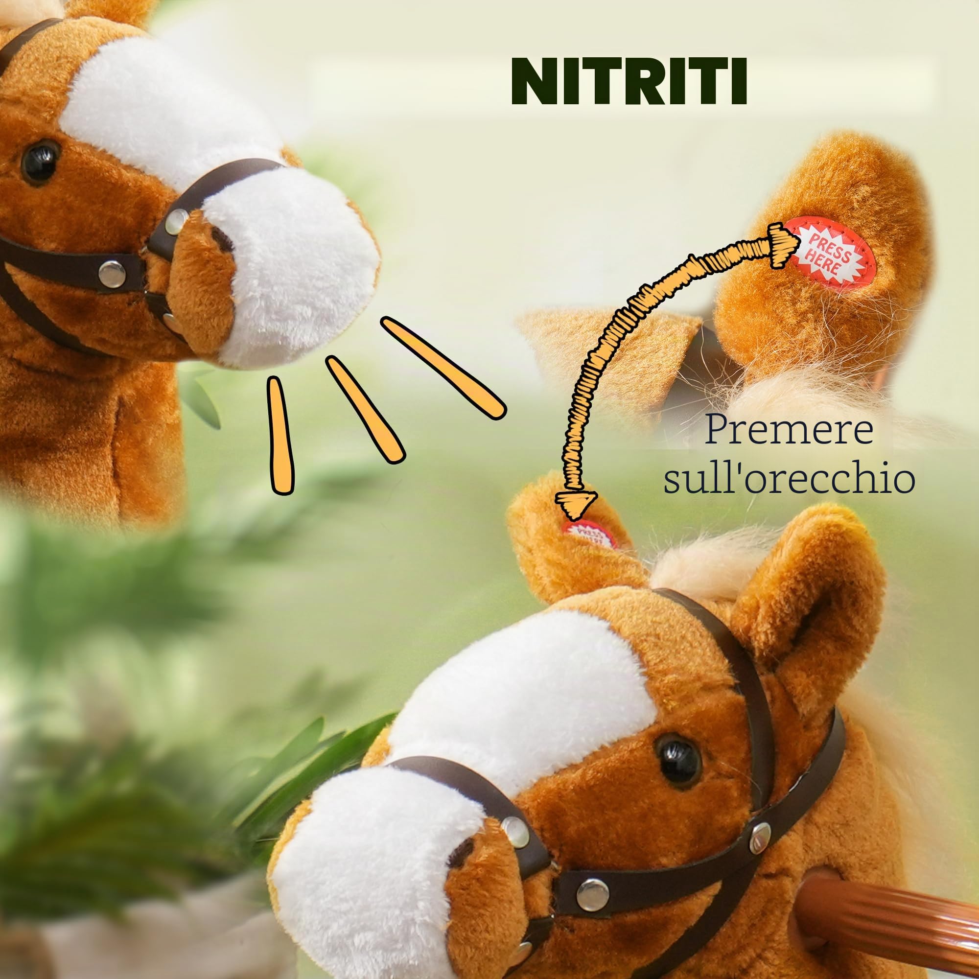 Qaba Cavallo dondolo ruote bambini 3-5 anni fino 60 kg Marrone | Giocattolo cavallo da passeggio, peluche cavalcabile, suono del nitrito