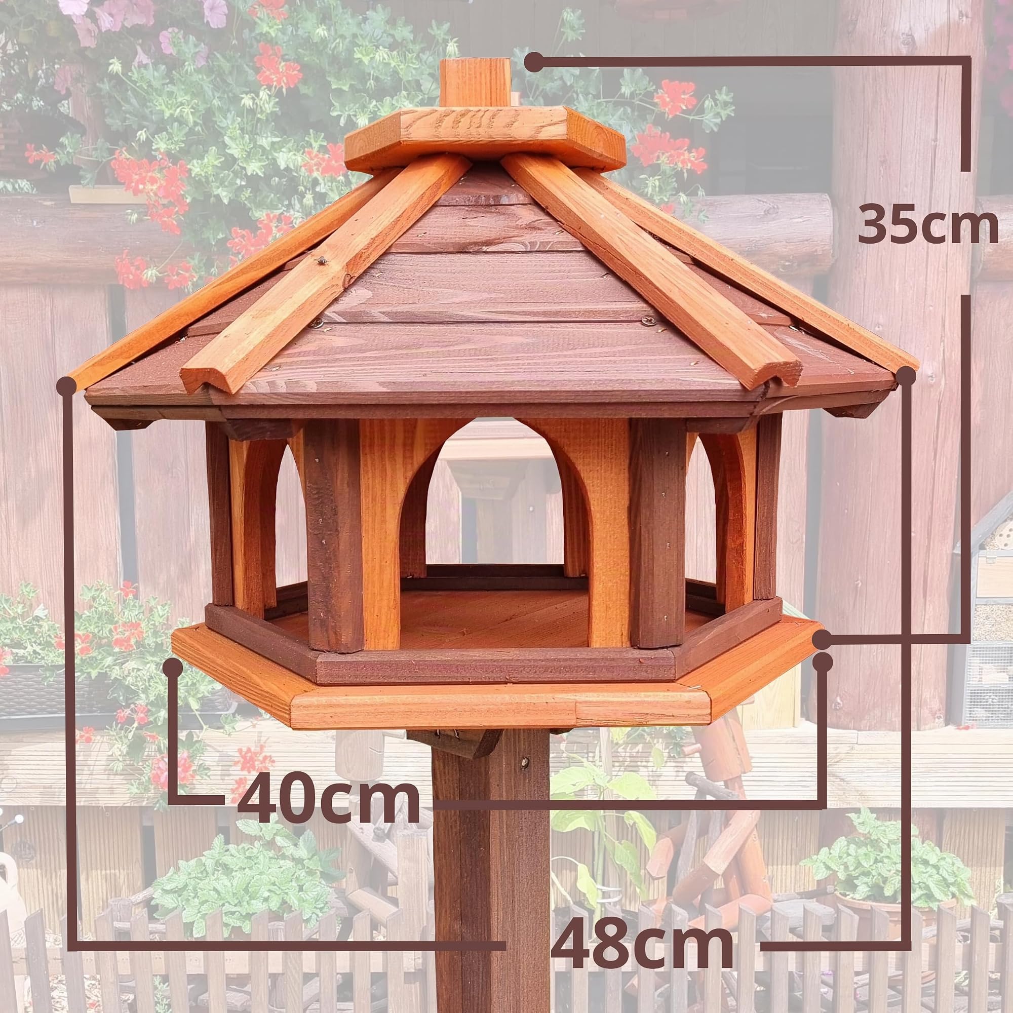 Vogelhaus mit Stander aus Holz, wetterfest, vogelfutterhaus, Futterhaus, Futterstation für Wildvögel, Vogelfutterhaus zum Stellen für den Garten, Balkon (Braun+Rot)
