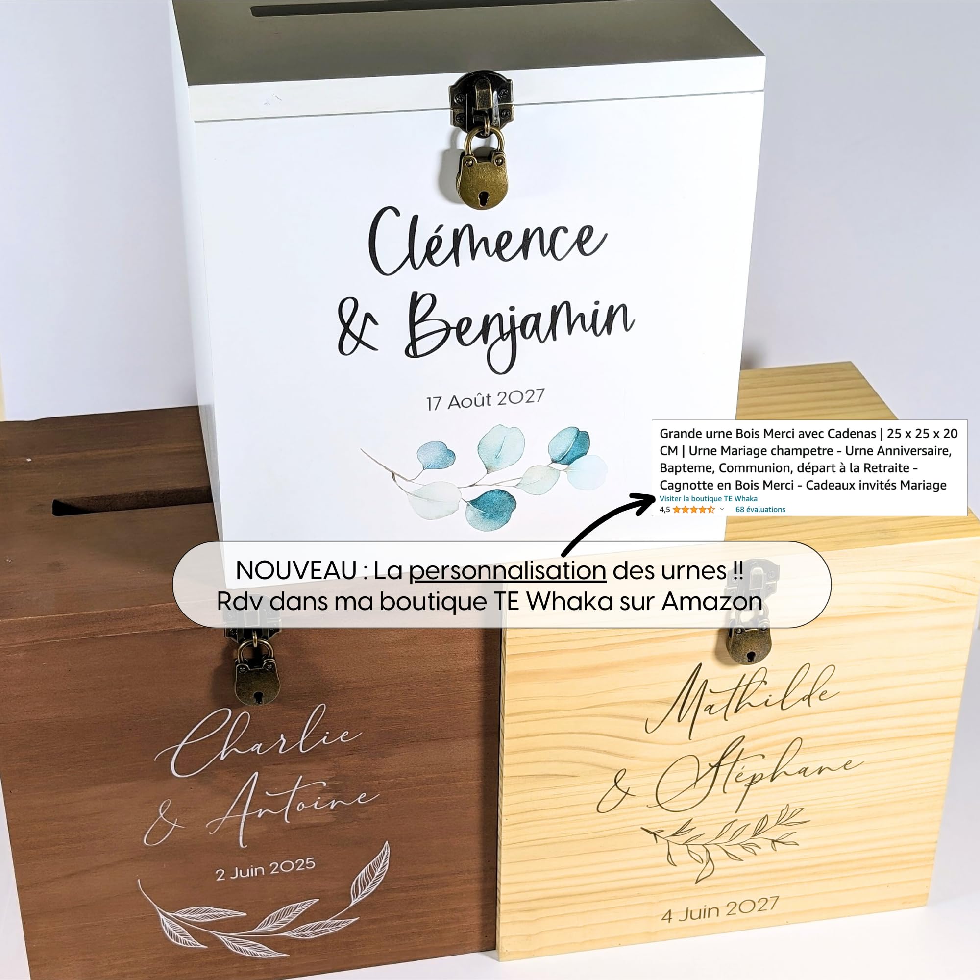 Boite en bois pour enveloppes - Boite avec cadenas - Caisse en bois | 25 x 25 x 20 CM | Urne mariage Cadeau - Urne anniversaire, bapteme, communion - Tirelire