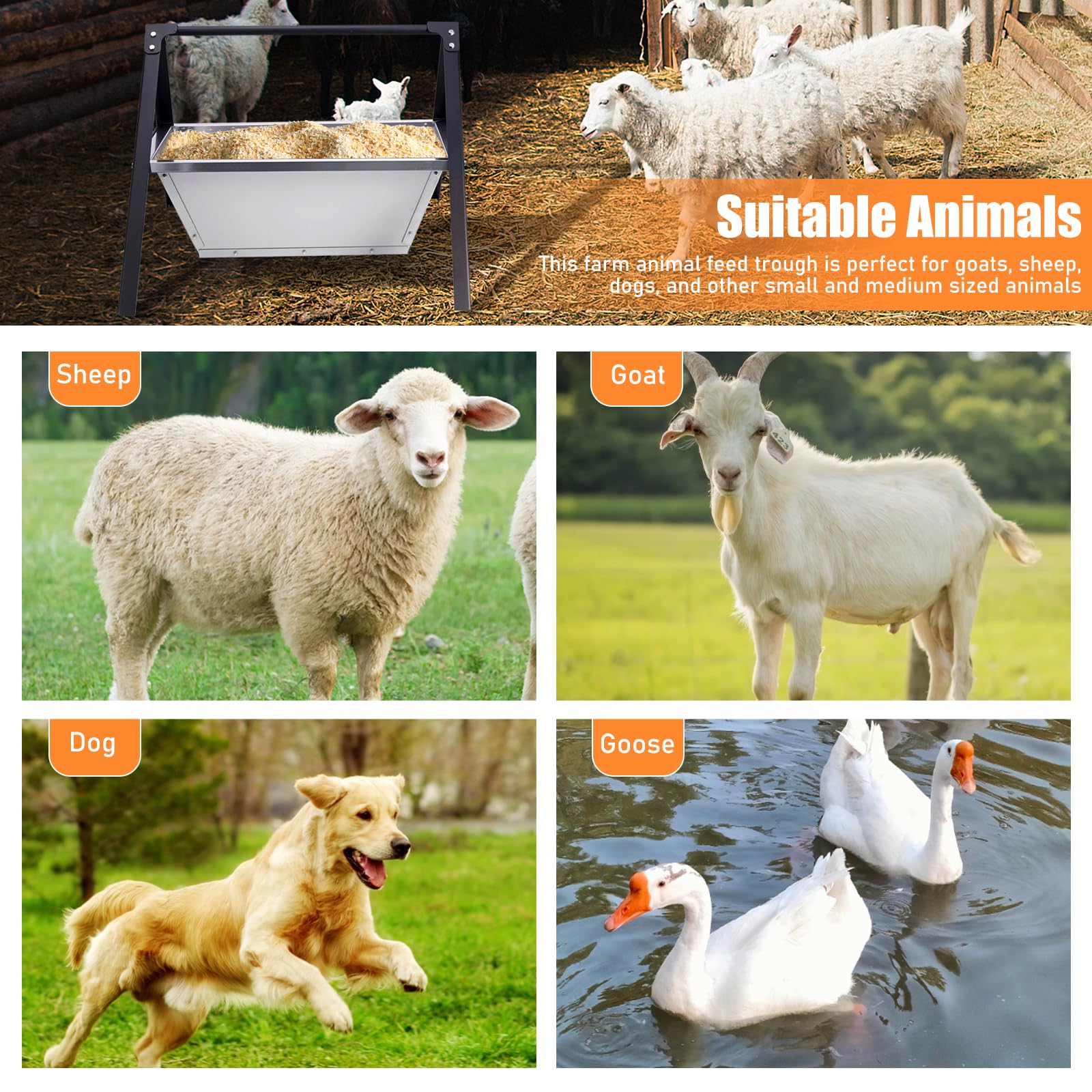 Paquete de 2 comederos de ganado de alto rendimiento, comedero automático de acero inoxidable para cabras que suministra 23 "Comederos portátiles largos para ganado y heno para cabras con