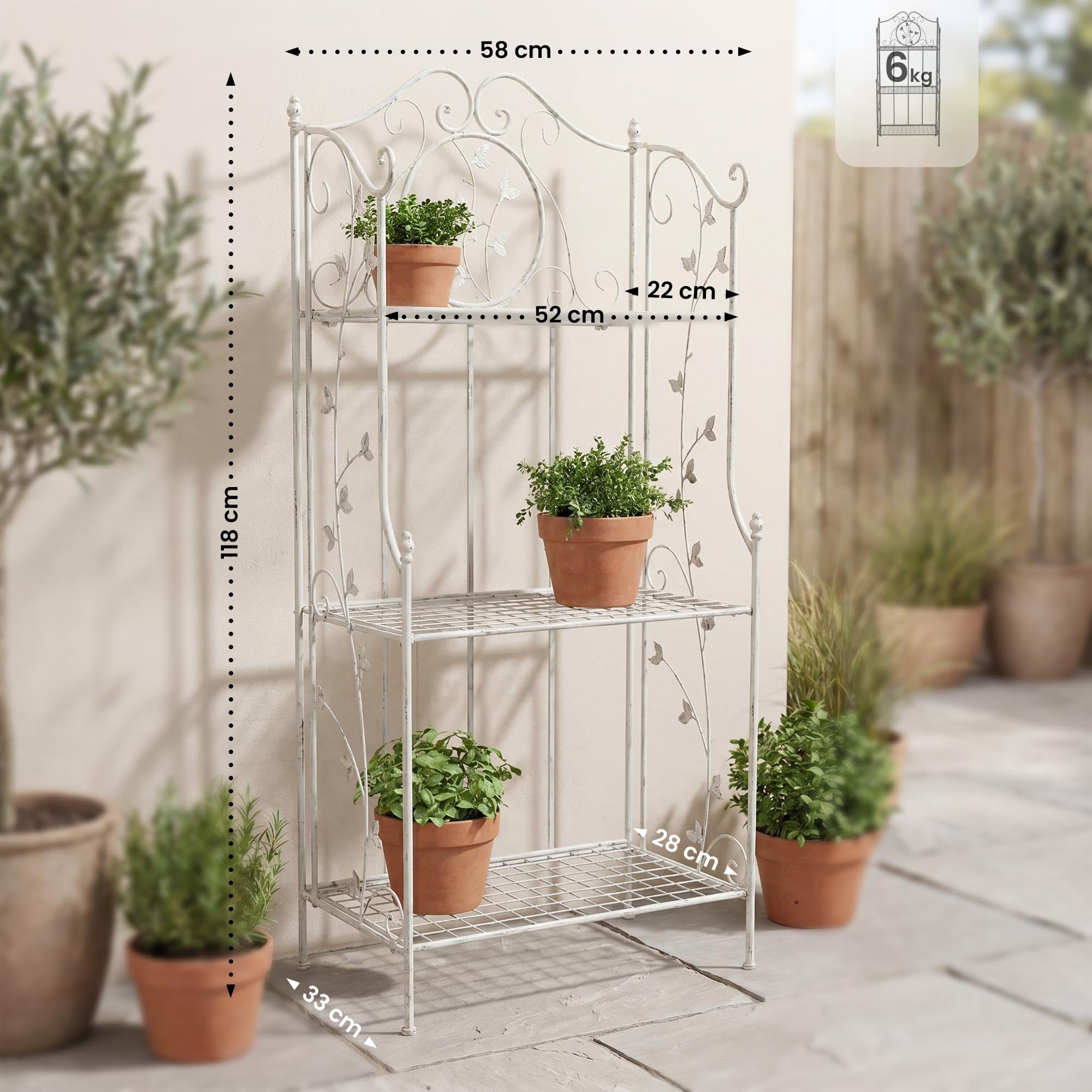CLP Estanteria de pie Plegable Reus, Estante Escalonado Estilo Rustico, estanteria para Plantas de Metal, compacta para Interior y Exterior, Color:Blanco Envejecido