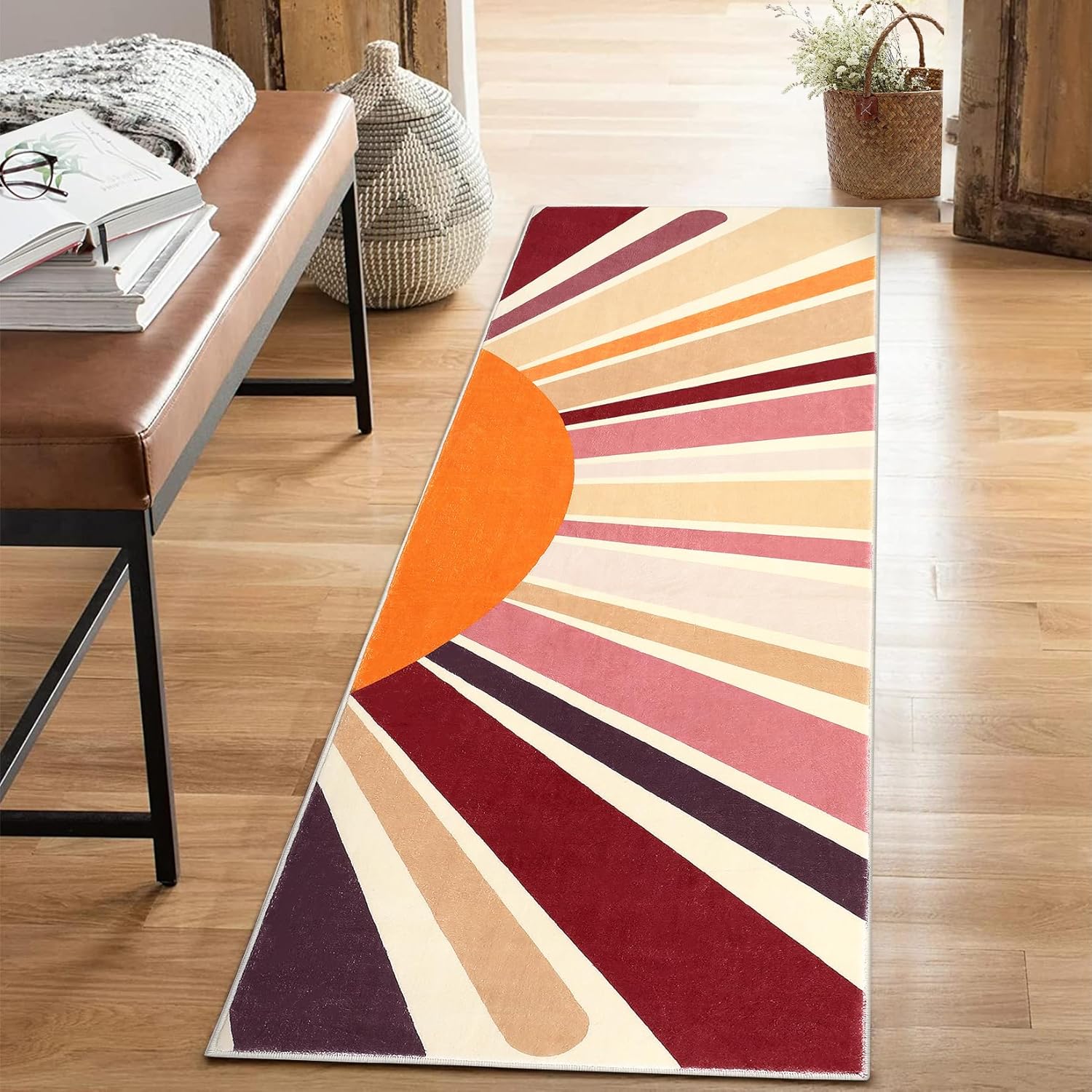 GarveeHome Runner Rug 2x6 Colorful Sun Rug for Nursery Washable Hallway Sunrise Rug Non-Slip Stain Resistant Hallway Runner Rug Rainbow Throw Floor Cover Boho Carpet for Living Room Playroom, Brown 2' x 6' (Runner) Brown