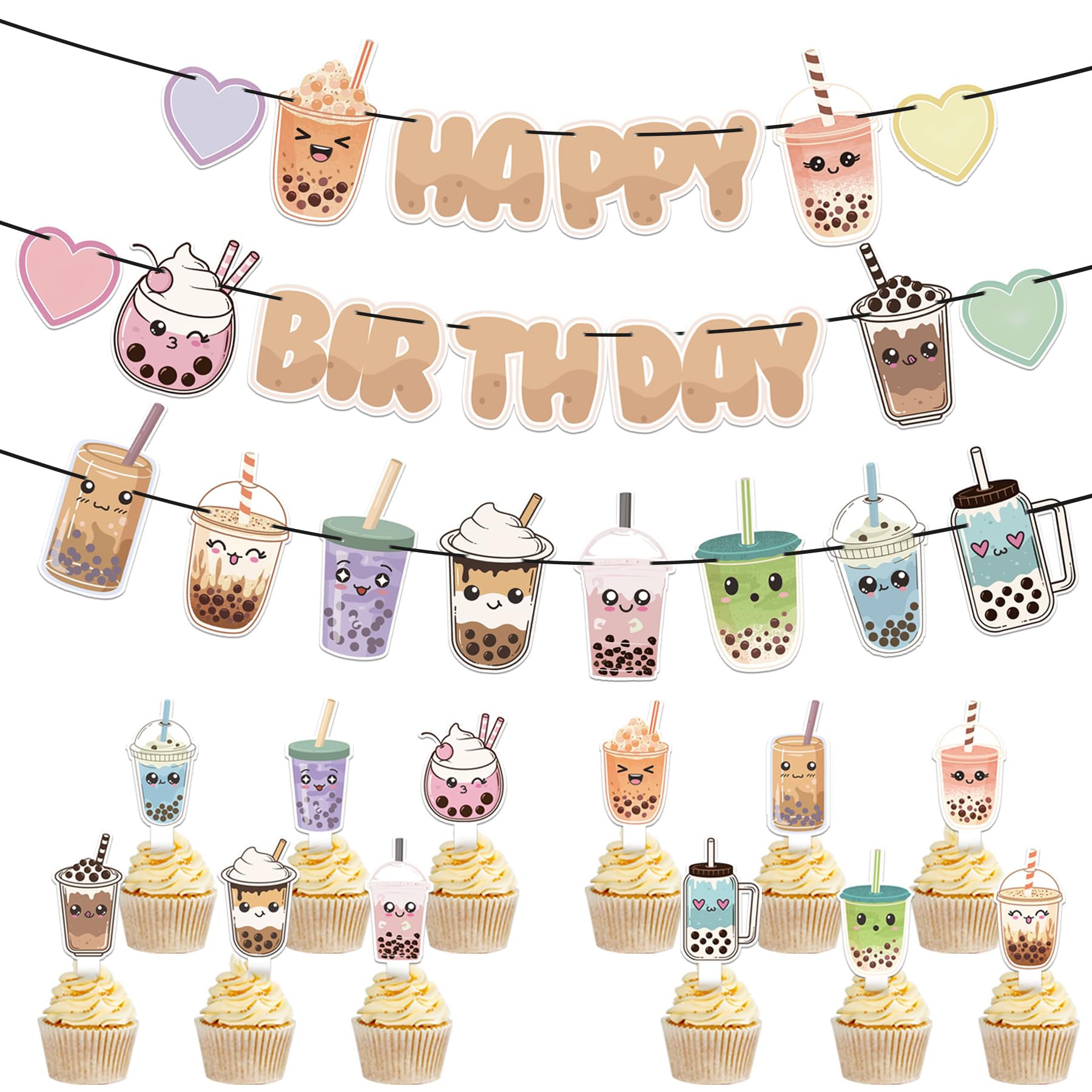 KARAQY Bubble Tea Birthday Party Decorations, Milk Tea Happy Birthday Banner 24 Pcs Cupcake Toppers for Milk Tea Theme Birthday Party Supplies
