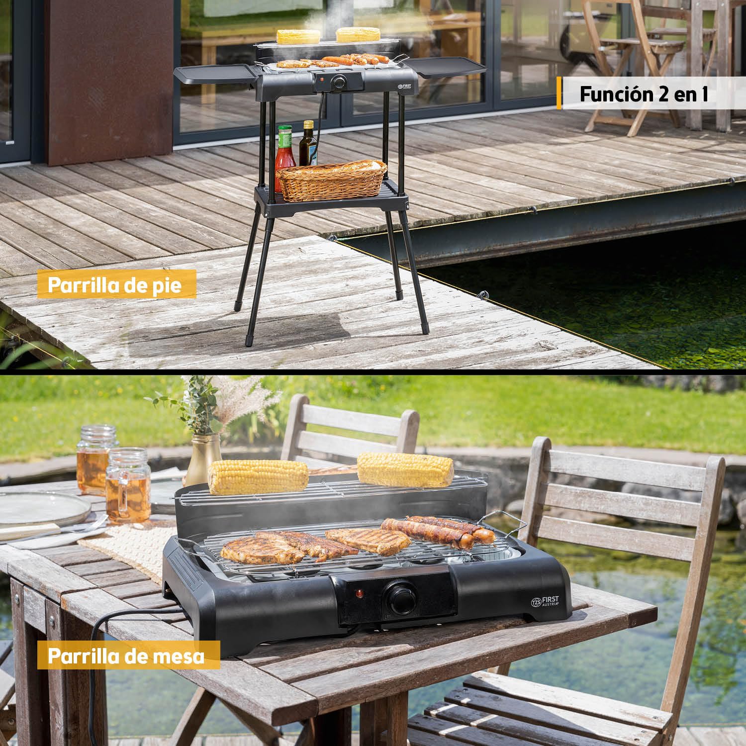 TZS First Austria - Barbacoa Eléctrica 2200W - Grill 2 en 1 con Paravientos - Termostato Regulable - Sin Humo con 2 Mesas Laterales - Balcón y Mesa - Negro