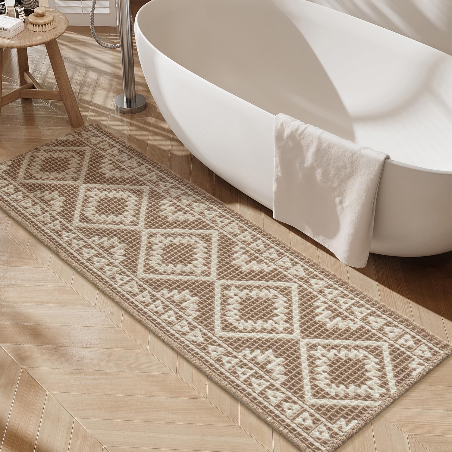 PADOOR-Waffle Bathroom Runner 24"x48", Super Absorbent Bath Mats for Bathroom, Machine Washable Non Slip Bath Rug with Tassels, Soft Bath Mat for