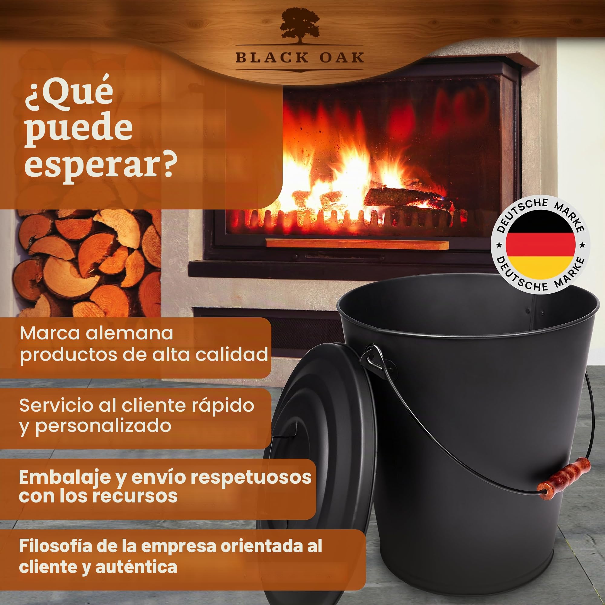 BLACK OAK Cubo de cenizas Santorini, 25 l, negro con tapa, XXL, extra grande, 25 litros, acero galvanizado a prueba de fuego, con recubrimiento de polvo, ceniza y carbón, accesorio ideal para chimenea