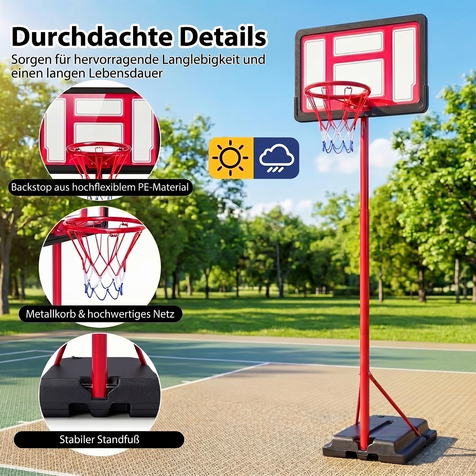 GYMAX Basketballkorb Outdoor, Korbhöhe 141-273.5 cm höhenverstellbar, Basketball Korb mit Rollen & befüllbarer Basis, Mobile Basketballanlage für Kinder, Erwachsene