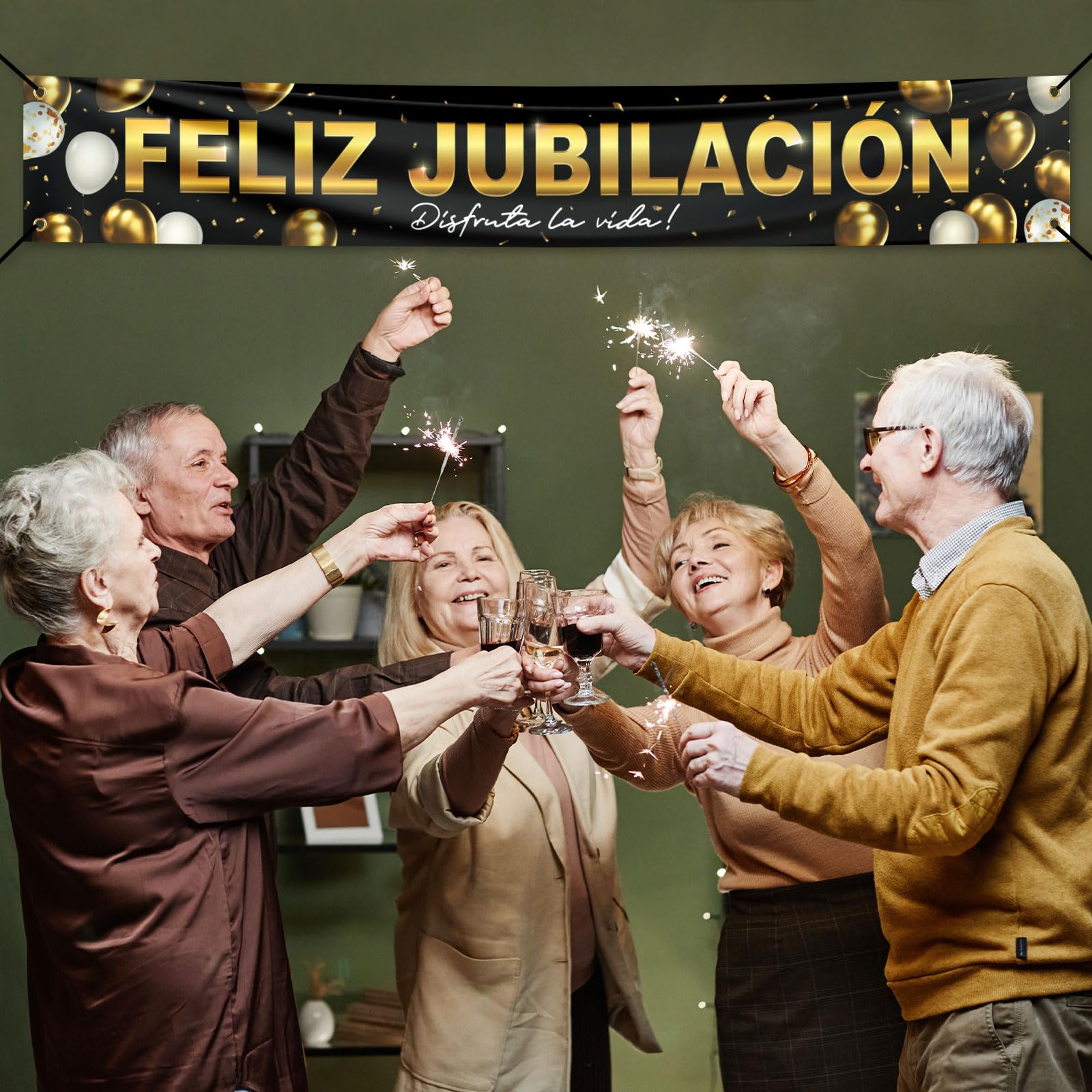 Ruhestand Schärpe „Feliz Jubilada“ Mit Abzeichen – Schwarz-Gold, Fotorequisit Für Renten-Partys (Polyester)