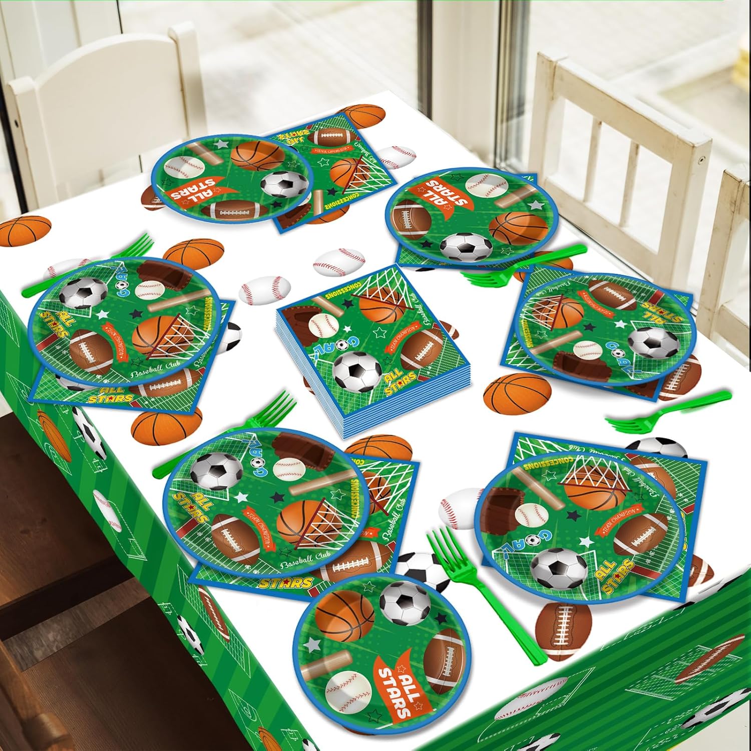 98PCS Sports Party Tableware Superstar Party Tableware Set All Star Birthday Baseball Football Soccer Basketball Disposable Tablecloths for Boy Birthday Party Decoration Supplies Favors 24 Guests - Image 7
