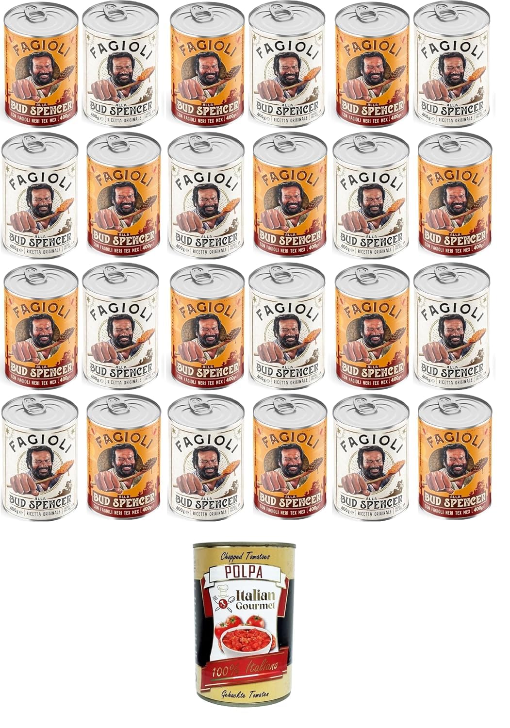 Paquete de prueba de frijoles Bud Spencer, frijoles Tex Mex y Borlotti, Bud Power - Frijoles Bud Spencer Tex Mex preparados para degustación 24 unidades de 400 g + Italian Gourmet polpa 400g
