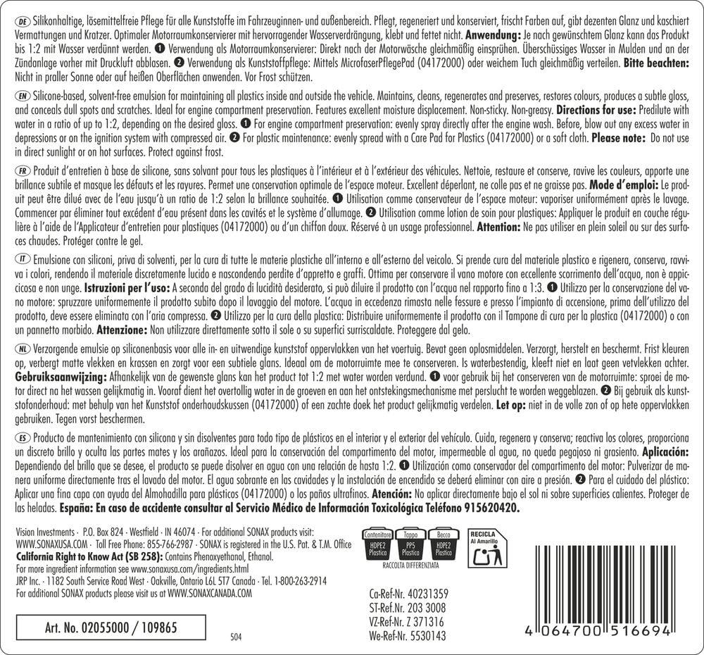 SONAX PROFILINE Plastic Care (5 litres) Entretien des Plastiques pour Les Professionnels de la préparation des véhicules | Réf: 02055000