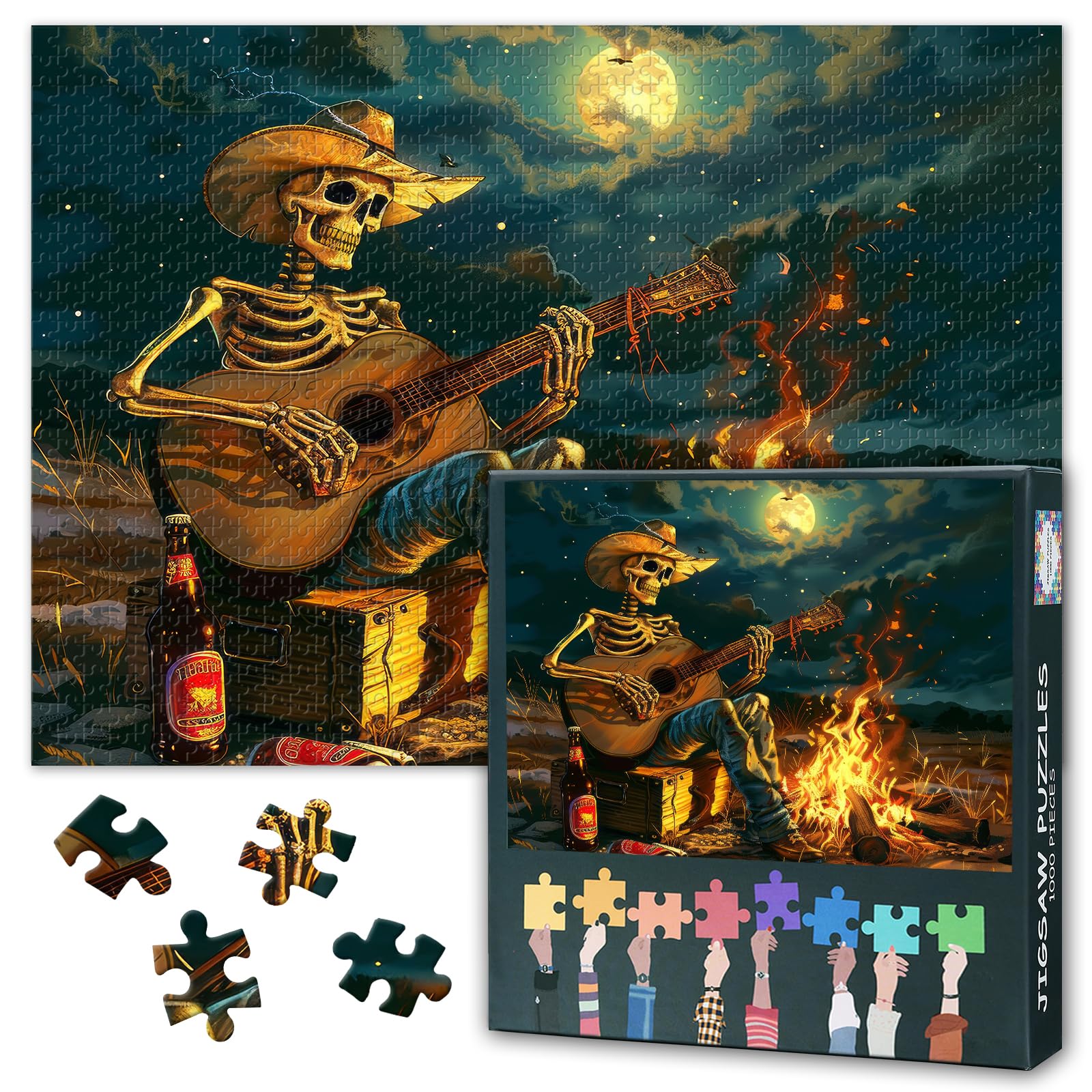 1000 Piece Puzzle for Adults, Jigsaw Puzzles 1000 Pieces for Adults - Skeleton Playing Guitar by Bonfire, Vibrant Artwork, Premium Puzzle Board, Coolest Adult Puzzles - 27.5x19.7 inches