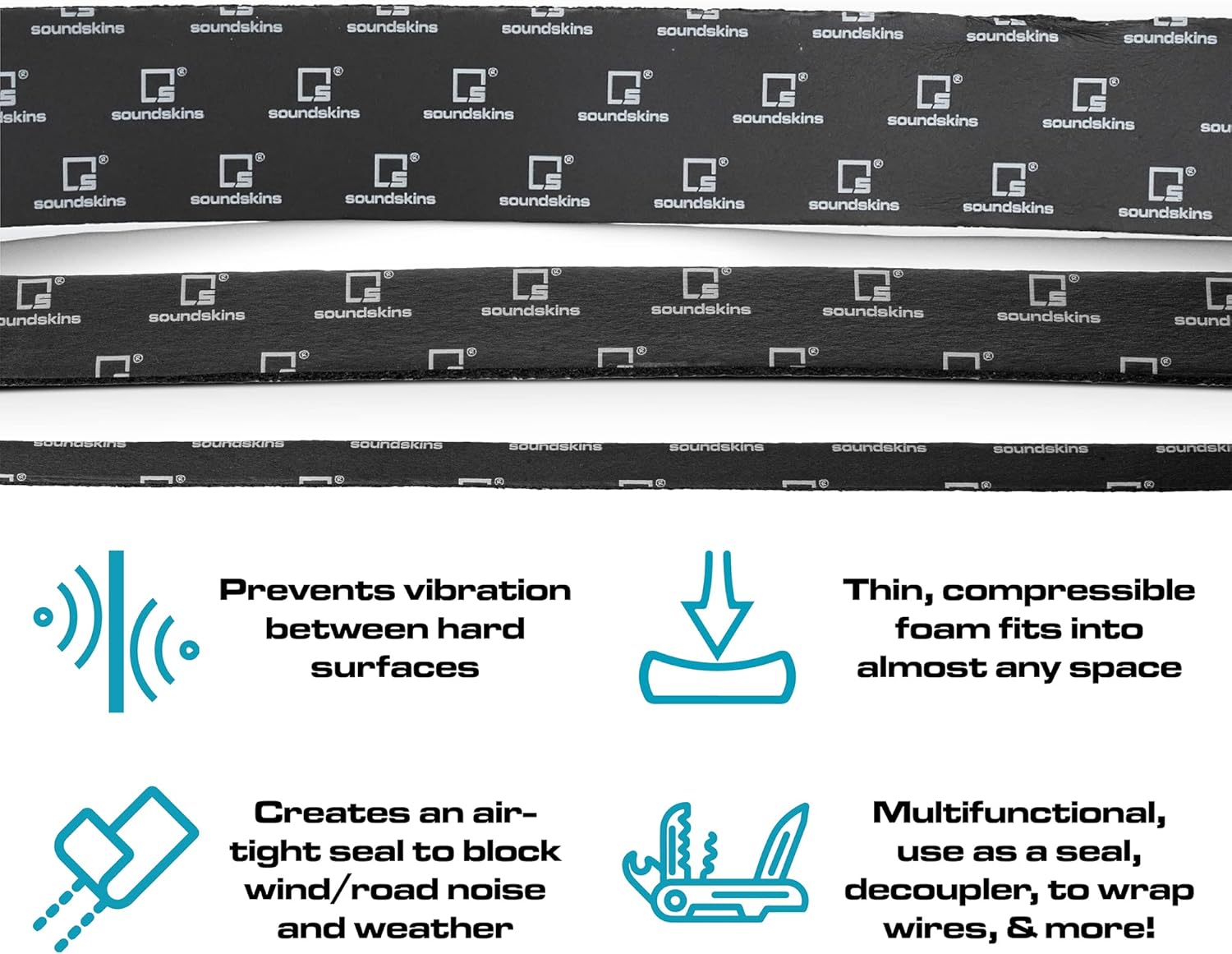 SoundSkins SSK-Tape Closed Cell Acoustic Foam Tape - 10.8sqft. from 4 Rolls (2", 1" 0.5" Wide) - Rattel Reduction and Optimum Durability