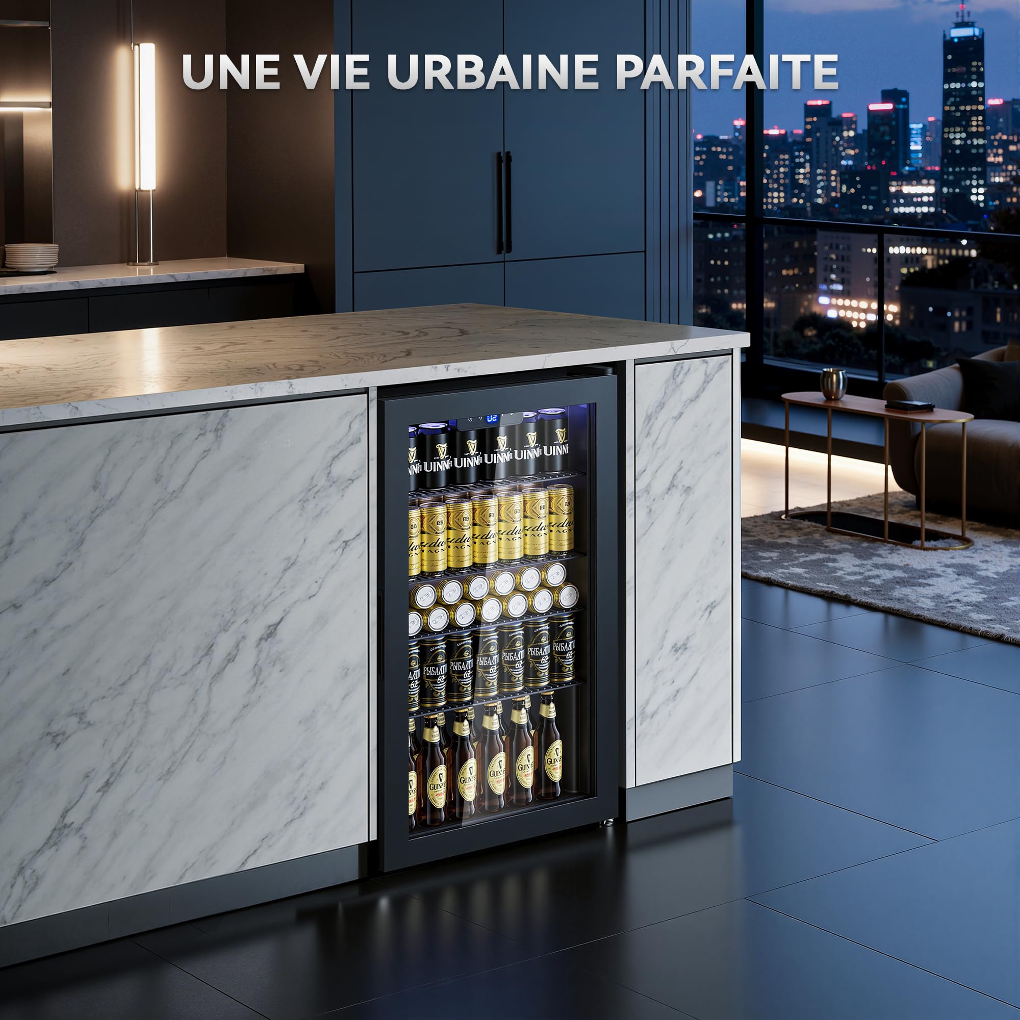 TRIUMPHKEY Réfrigérateur à Boissons 86 L Sans Givre, Porte Vitrée, 4 Étagères, 130 Canettes, Mini Frigo pour Bar Bureau Maison