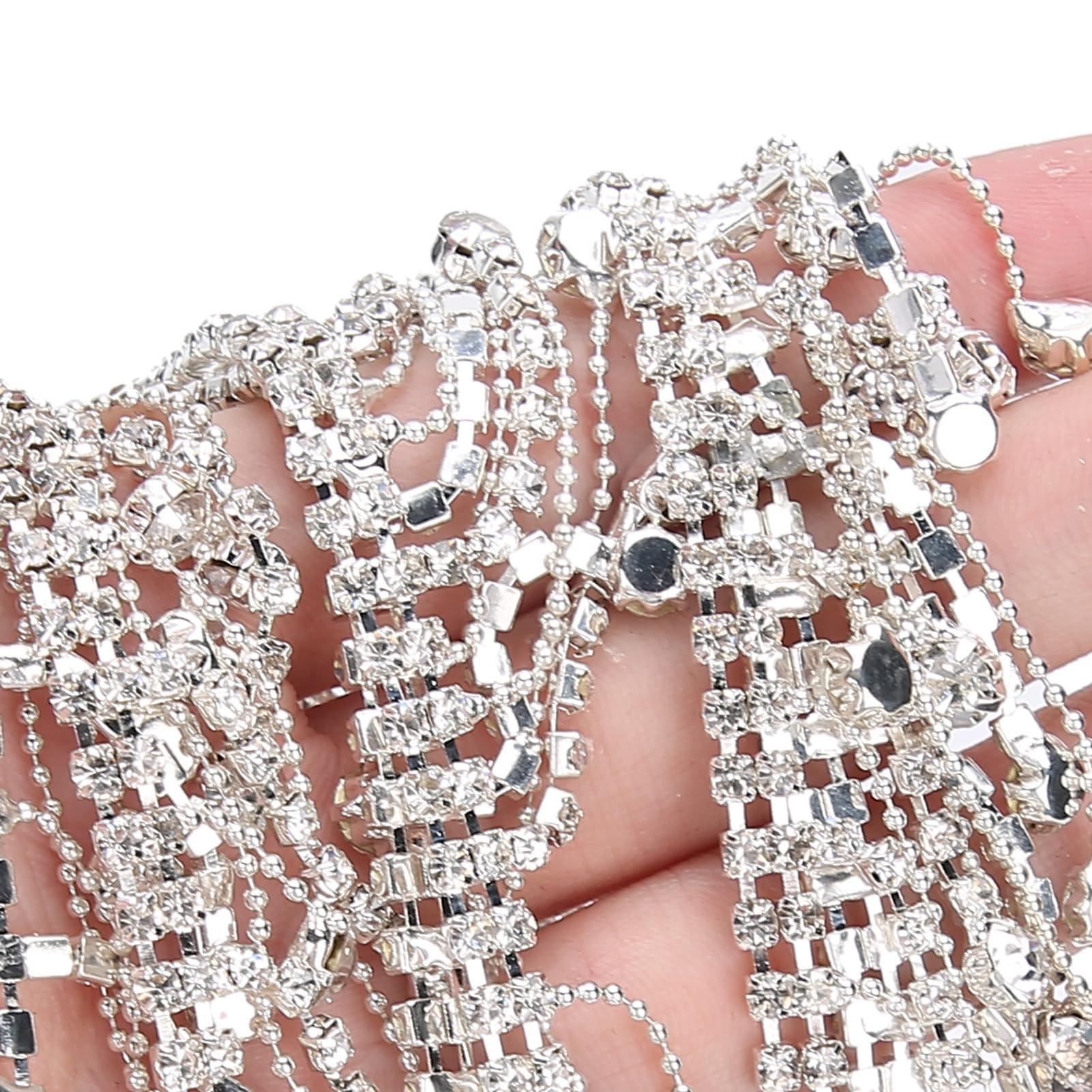 Catena a Nastro con, Catena con Nappe e Frange con, Applique da Sposa, Catena con Finiture in vetro e Diamanti, Tagliabile per Artigianato di Cucito, Festa di Nozze, (Argento)