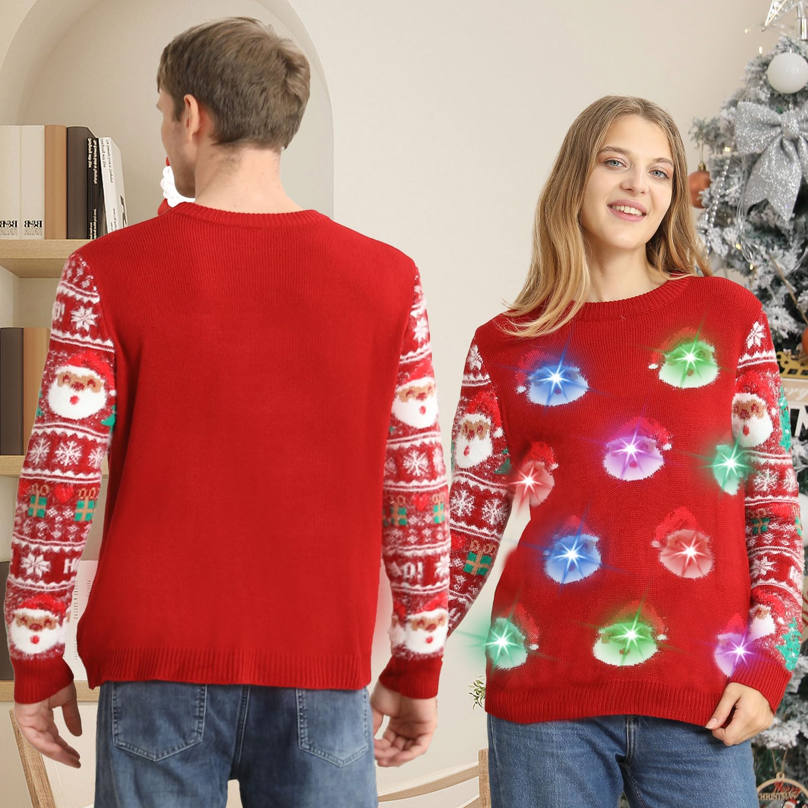 Maglione Natalizio con Luci LED, Maglioni Natalizi Famiglia Set, Brutti Maglione Natalizio Uomo Donna Ugly Christmas Sweater, One Piece Manica Lunga Maglia Natale Maglione di Natale per Coppia