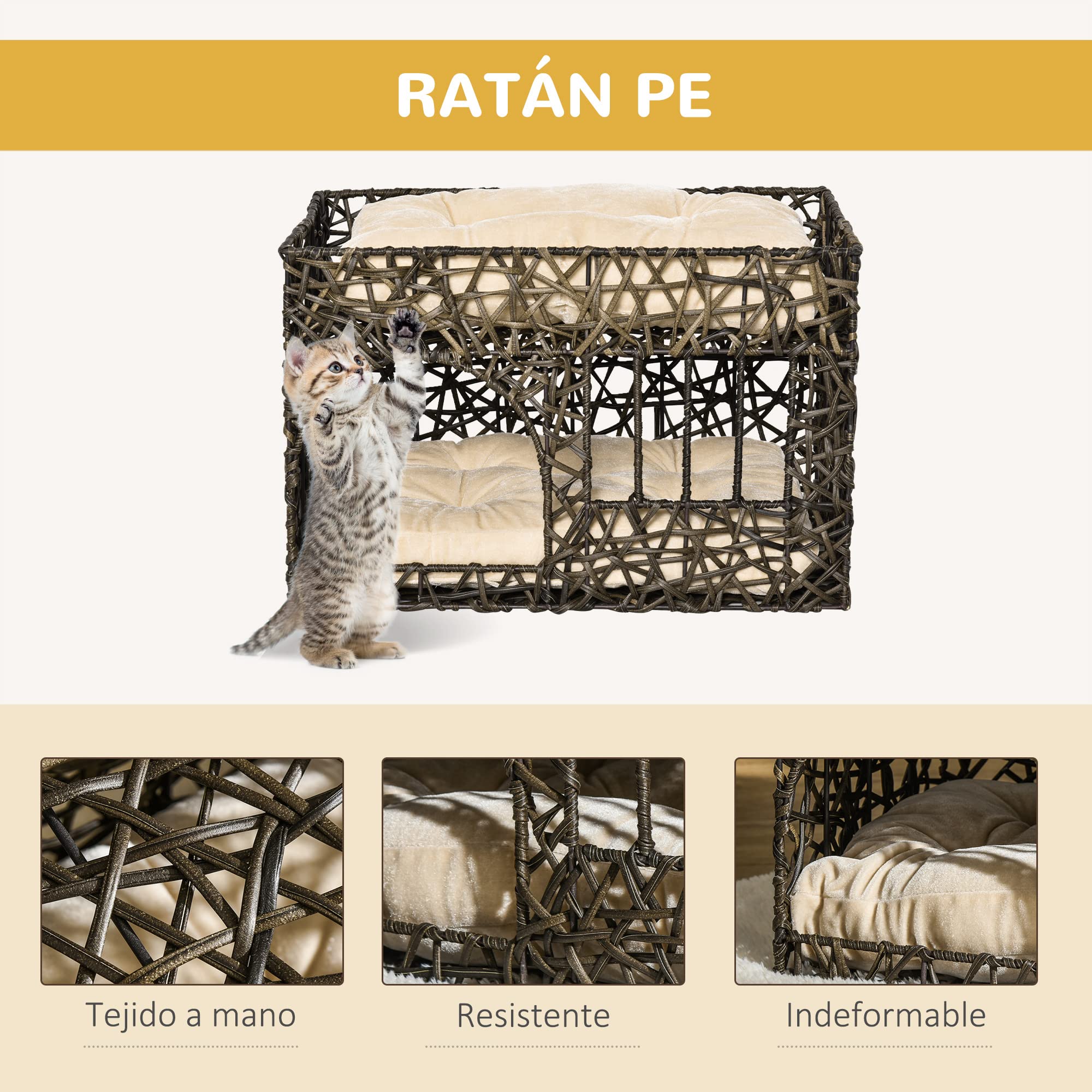 PawHut Cesta de Ratán para Gatos con 2 Cojines 56x41x45 cm Café Oscuro | Suaves, Ventana de 2 Alturas, Cama Cueva de Gatos