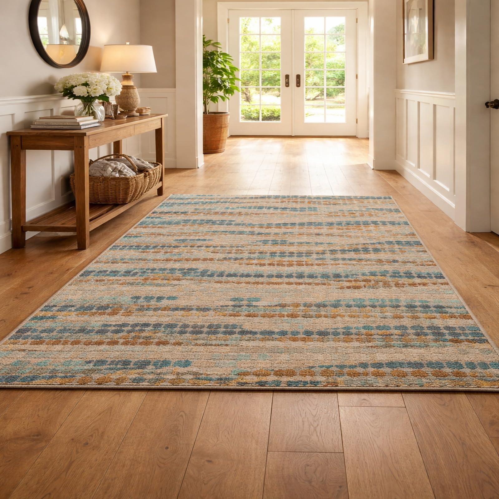 Tapis de salon poils ras facile à nettoyer géométrique beige