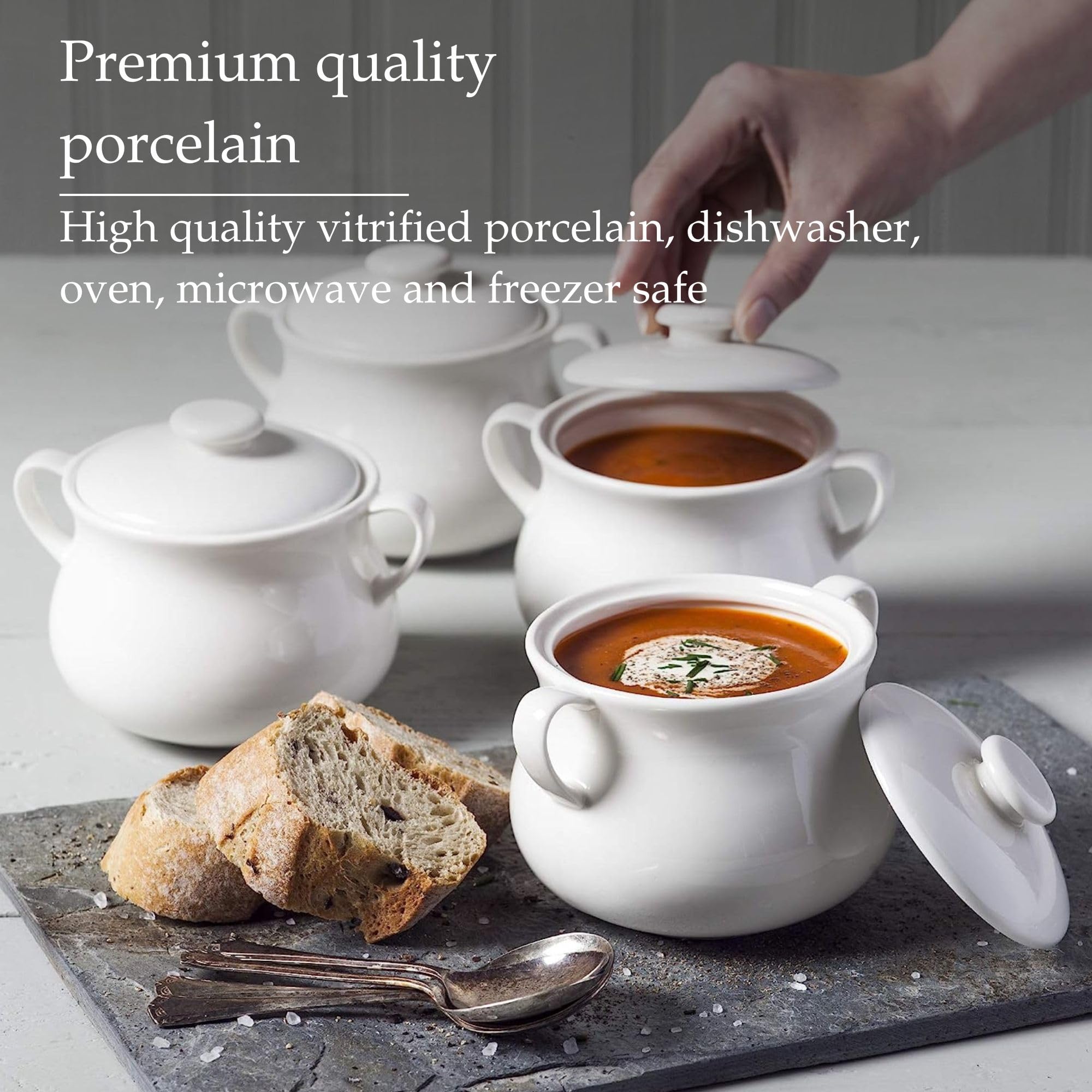 WM Bartleet & Sons 1750 TSET119 Traditionelles Porzellan-Set mit Deckel, einzelne französische Zwiebelsuppe und Eintopfschüssel mit Griffen, 500 ml, Weiß, 4 Stück