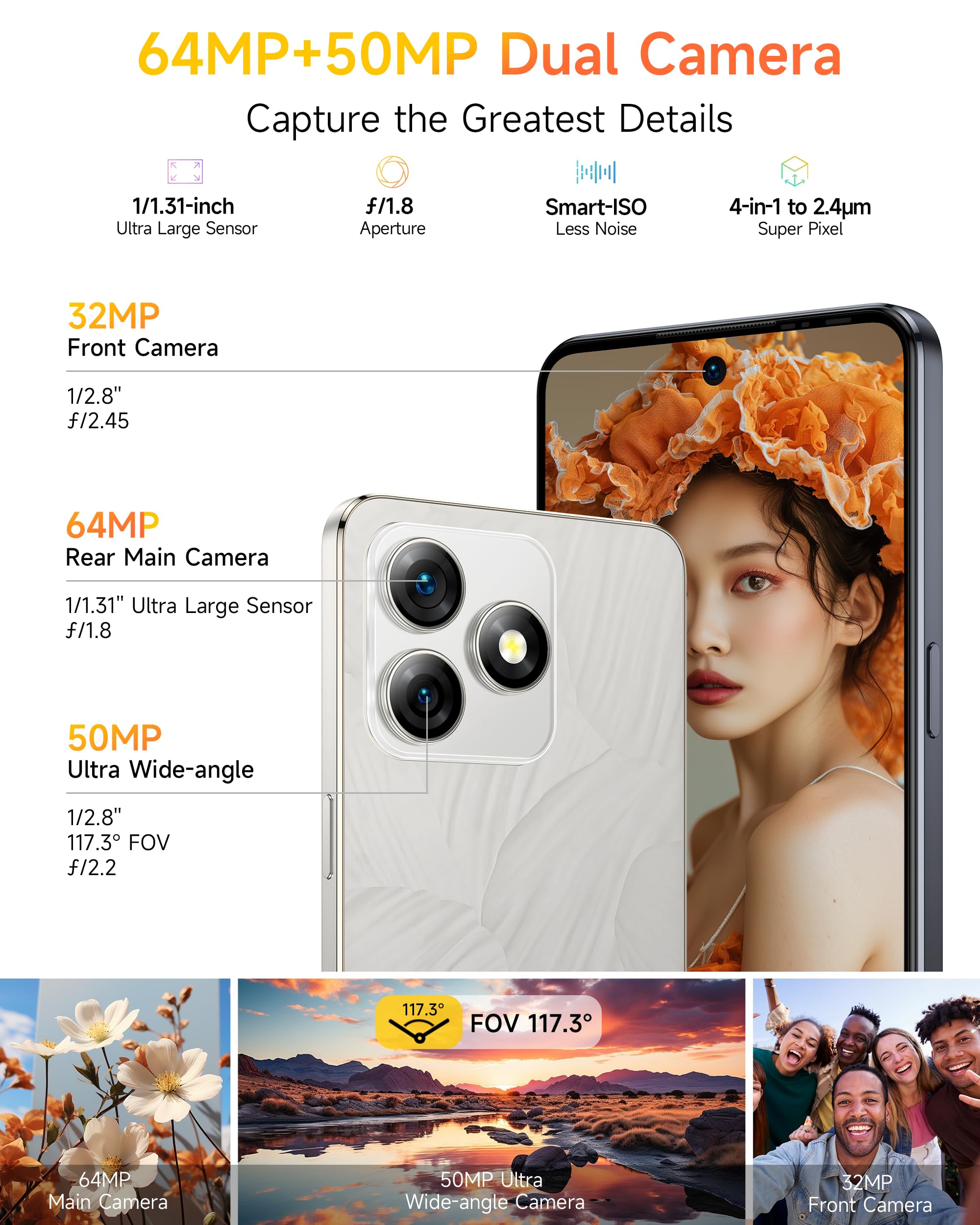 Ulefone Note 18 Pro Handy ohne vertrag, 64MP+50MP+32MP Kamera 12GB+256GB/SD-2TB Android 14 Smartphone mit 18W Schnellladung 6,78 Zoll HD+ 5450mAh Akku 4G Face ID/Fingerprint/GPS/OTG/NFC Schwarz