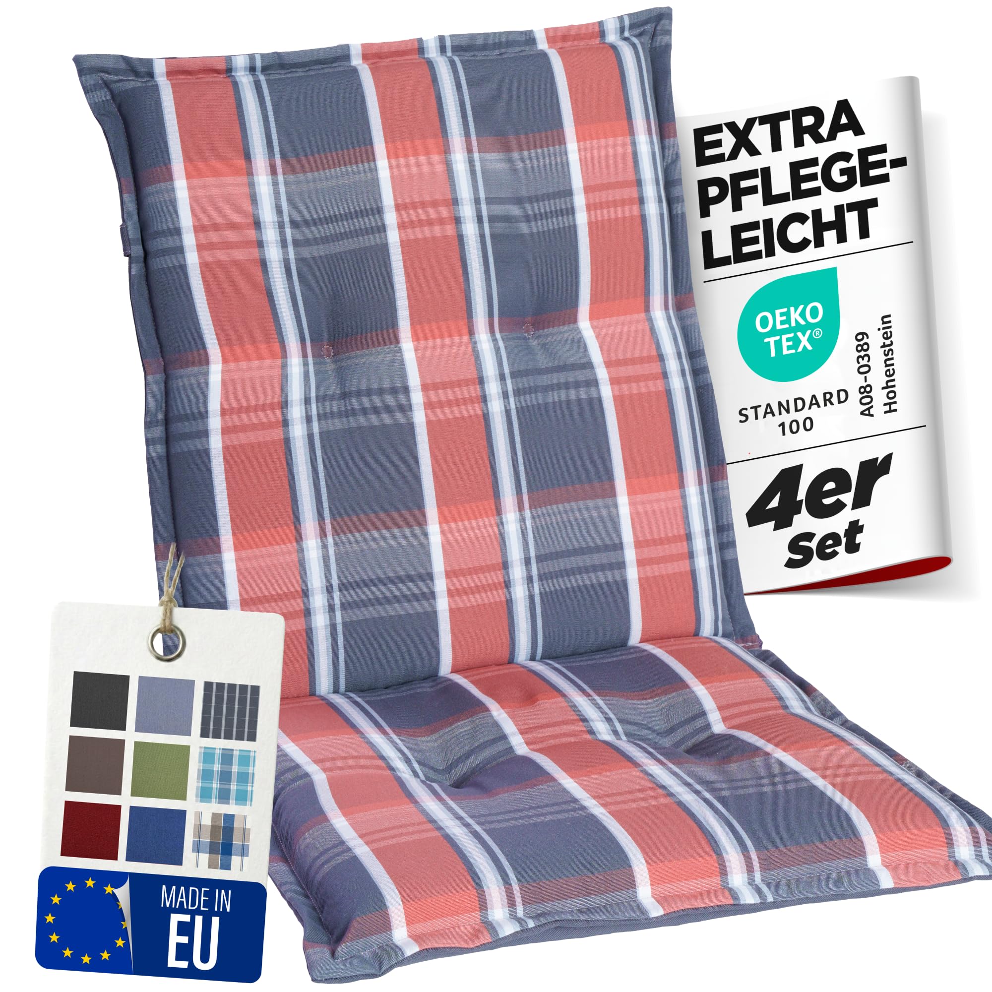 gardisun Gartenstuhlauflagen Niedriglehner I Extra Dicke Sitzauflagen I Made in Europe I Stuhlauflagen für Niederlehner Gartenstuhl I Auflagen mit extra hohem Komfort I 4er Set I Grau-Orange-Kariert