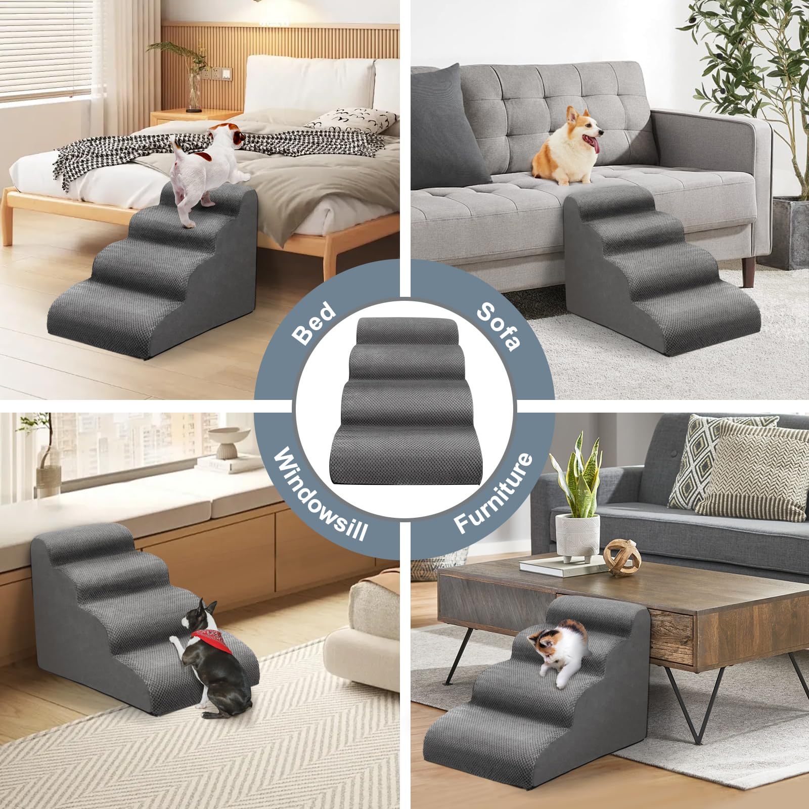 Scaletta Per Cani 4 Gradini - Rampa Antiscivolo Con Rivestimento Rimovibile Per Letti E Divani - Foto 4