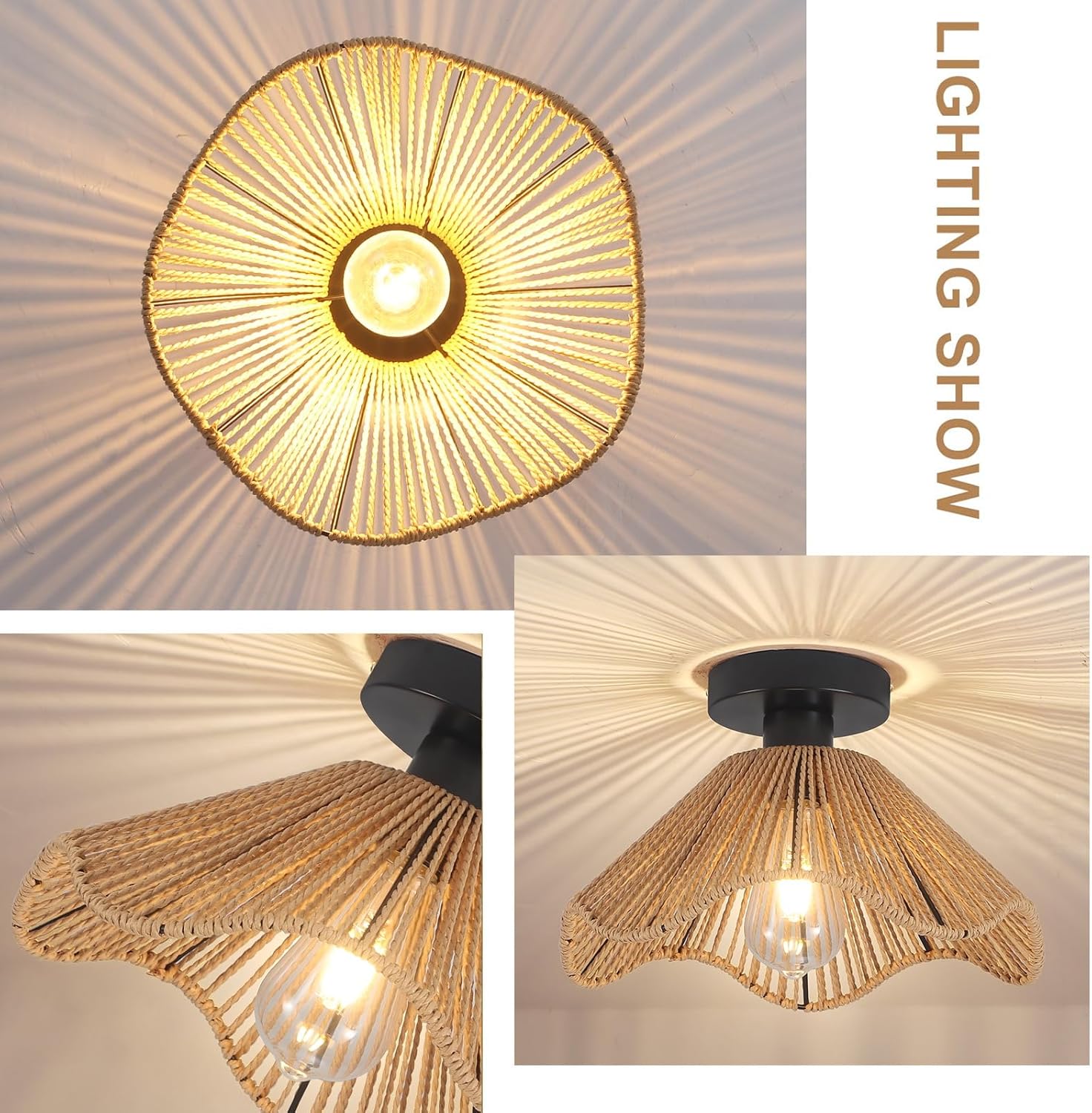 Surpars House Boho Rattan Ceiling Light Fixture, Mini Rattan Chandelier Lighting Fixture, Hand Woven Ceiling Light Fixtures for Hallway Bedroom Kitchen Entryway Living Room (Light Brown)