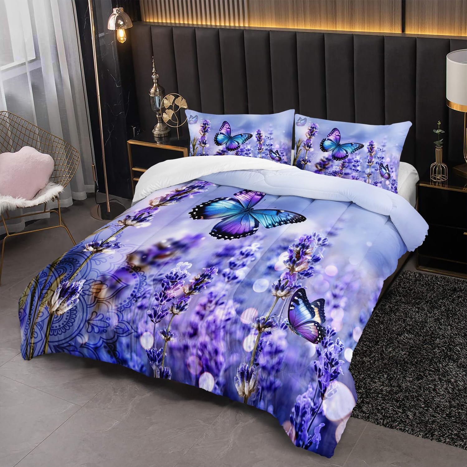 Violet Lavender 3 Piece Modern Bedding Set,Violet Floral Comforter Set Twin,Soft Microfiber Bed Set Lightweight Butterfly Bed Comforter Set for All Season 1 Comforter, 2 Pillowcases