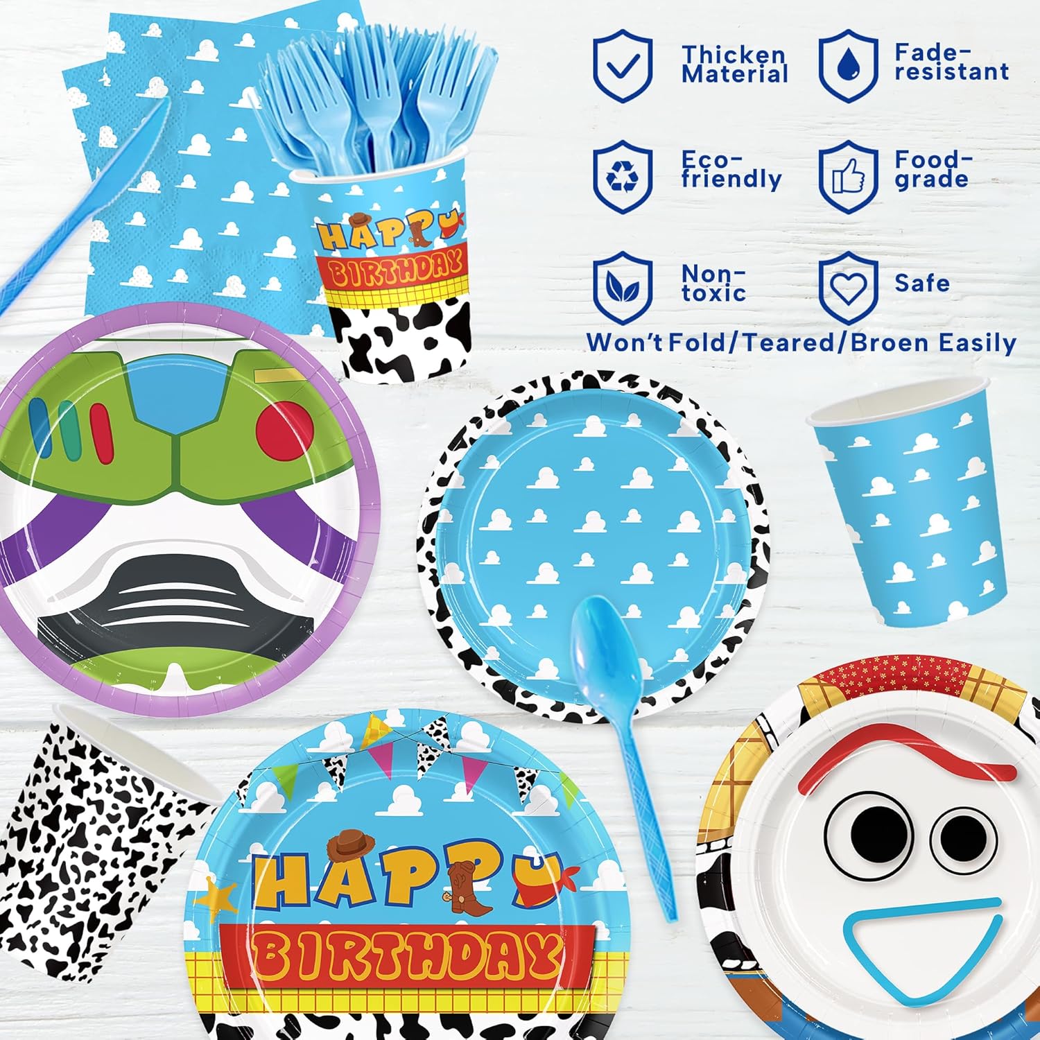 171pcs Toy Birthday Party Supplies Include Paper Plates Napkins Cups Banner Tablecloths for Toy Birthday Party Decorations Disposable Tableware Set for Kids Serve 24 Guests