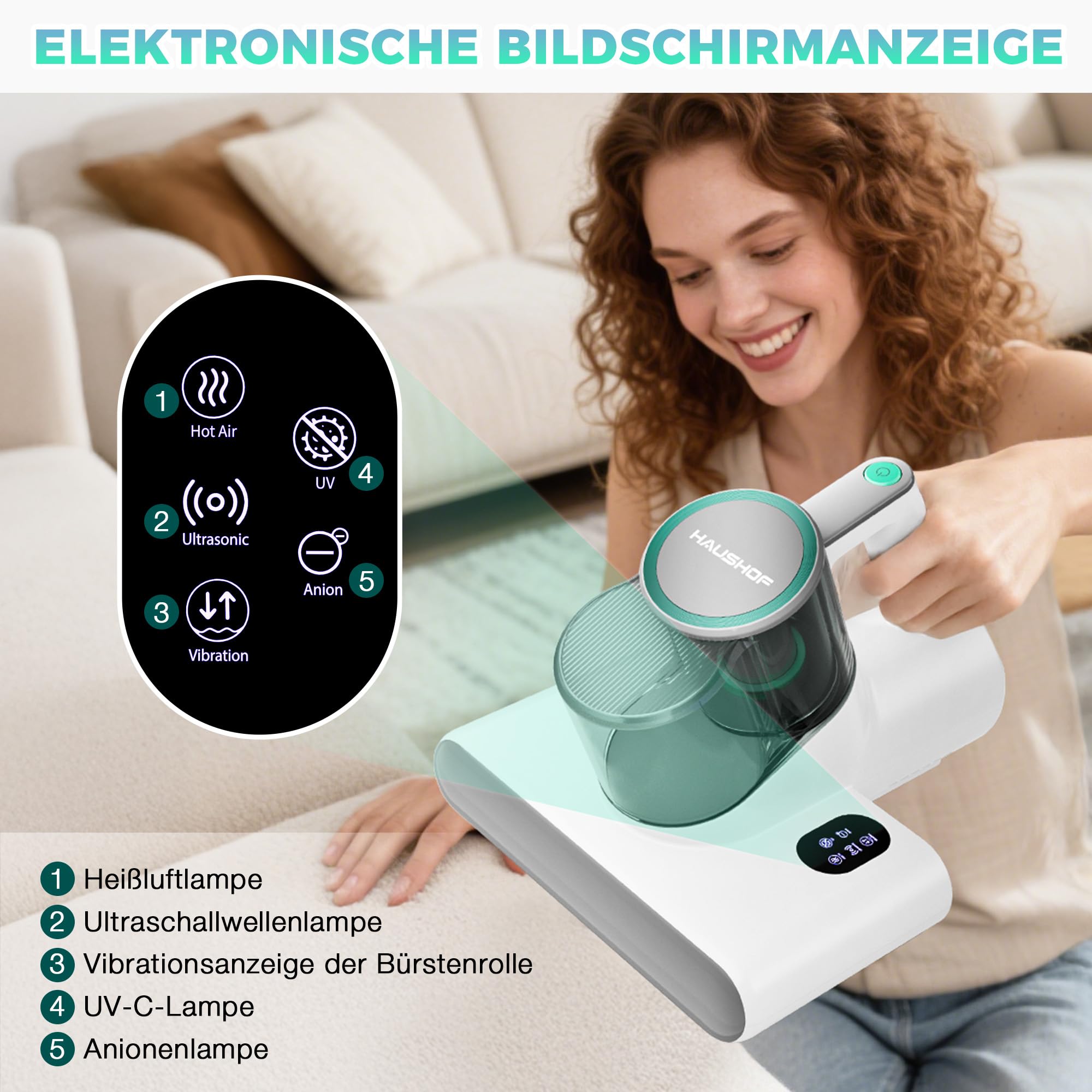 HAUSHOF Milbensauger für Matratzen 16 kPa UV Licht 60℃ Heißluft Matratzenreiniger 400W Display Doppel-Staubbehälter