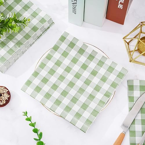 Miniatura 4 de Whaline Servilletas de papel verde salvia de 6.5 x 6.5 pulgadas, servilletas de boda a cuadros, servilletas de papel desechables para almuerzo,
