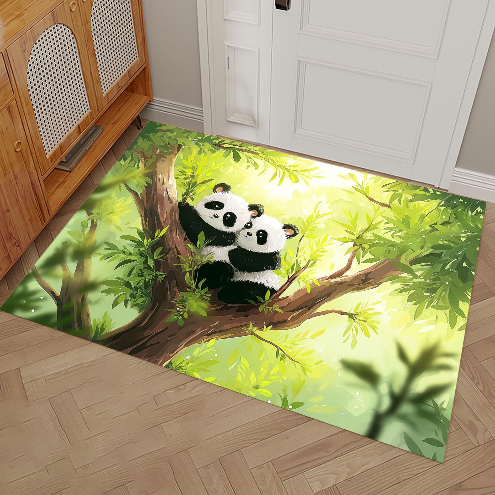 Waschbar Fußmatte Panda Aus Astbaum - 80x120cm -Willkommen Fussmatte Wald-Cartoon-Tiere rutschfeste Fußmatte für den Eingang für Hauseingänge, Flure, Außentüren