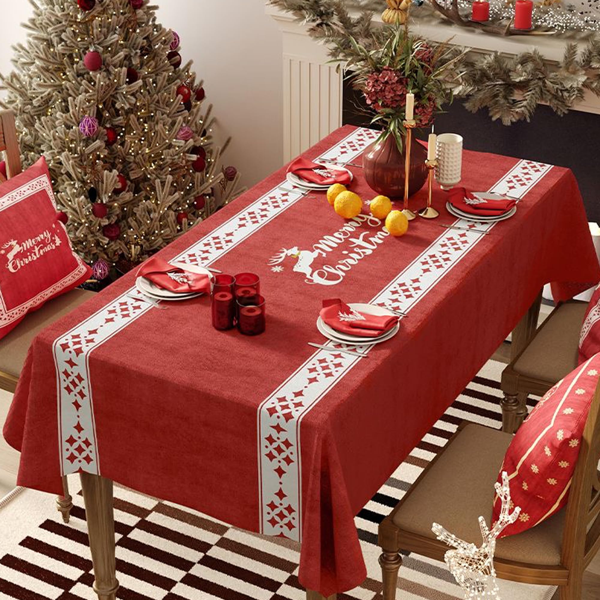 SUQ Mantel de Navidad,Mantel de Navidad Rojo Mantel de Mesa de Fiesta Rectangular, decoración del hogar de Vacaciones de Invierno, Fiesta de Cubierta de Mesa de Nieve de Navidad (Alce, 85 * 135cm)