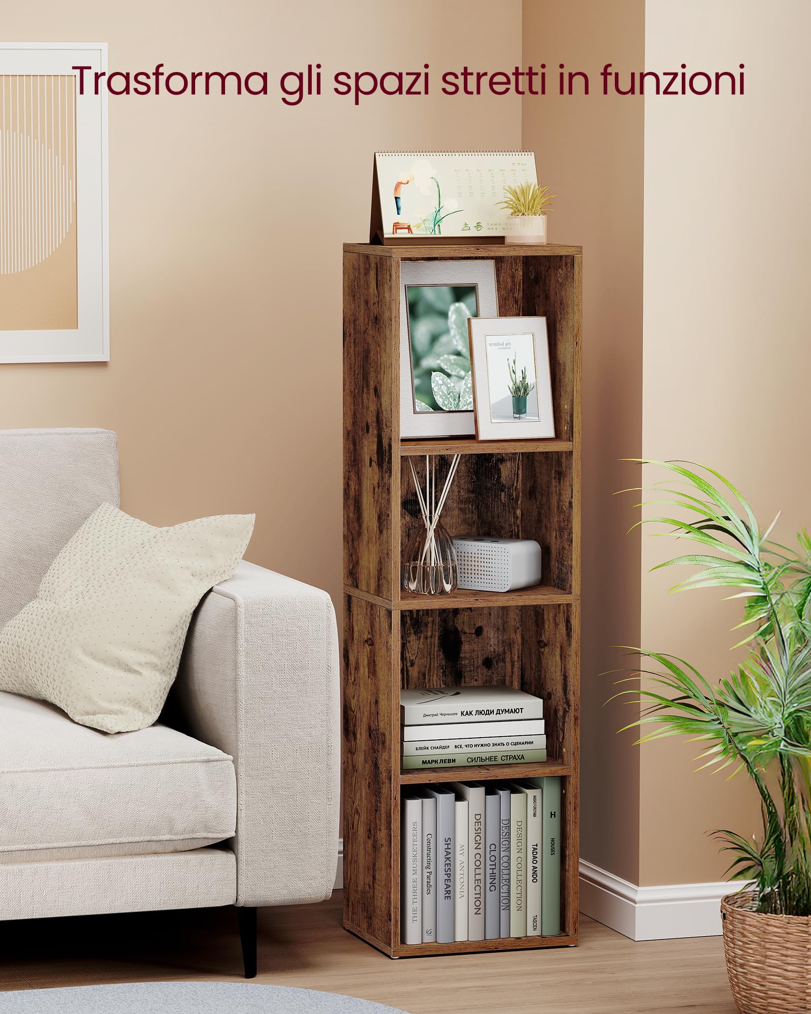 VASAGLE CUSTOS Collezione - Libreria, Scaffale Libreria a 4 Ripiani, Scaffale Portaoggetti con Ripiani Regolabili, Scomparti Aperti, 24 x 30 x 106 cm, per Soggiorno Studio, Marrone Vintage LBC434K01